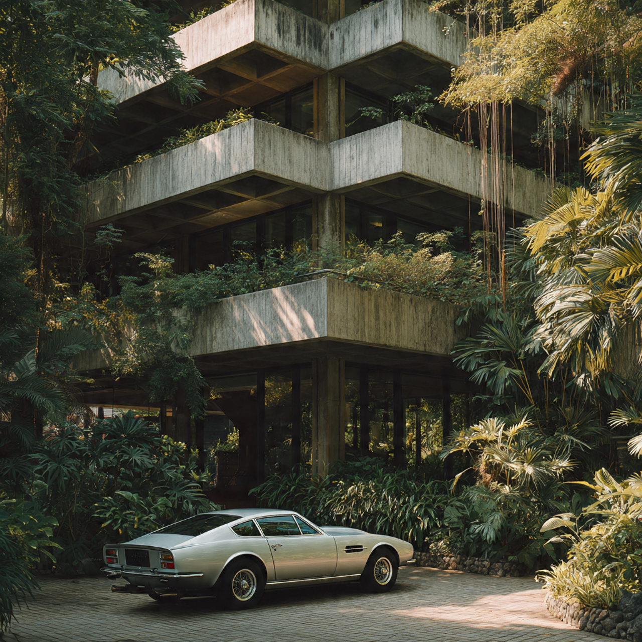 digital art ai edificio brutalista in cemento immerso nella giungla