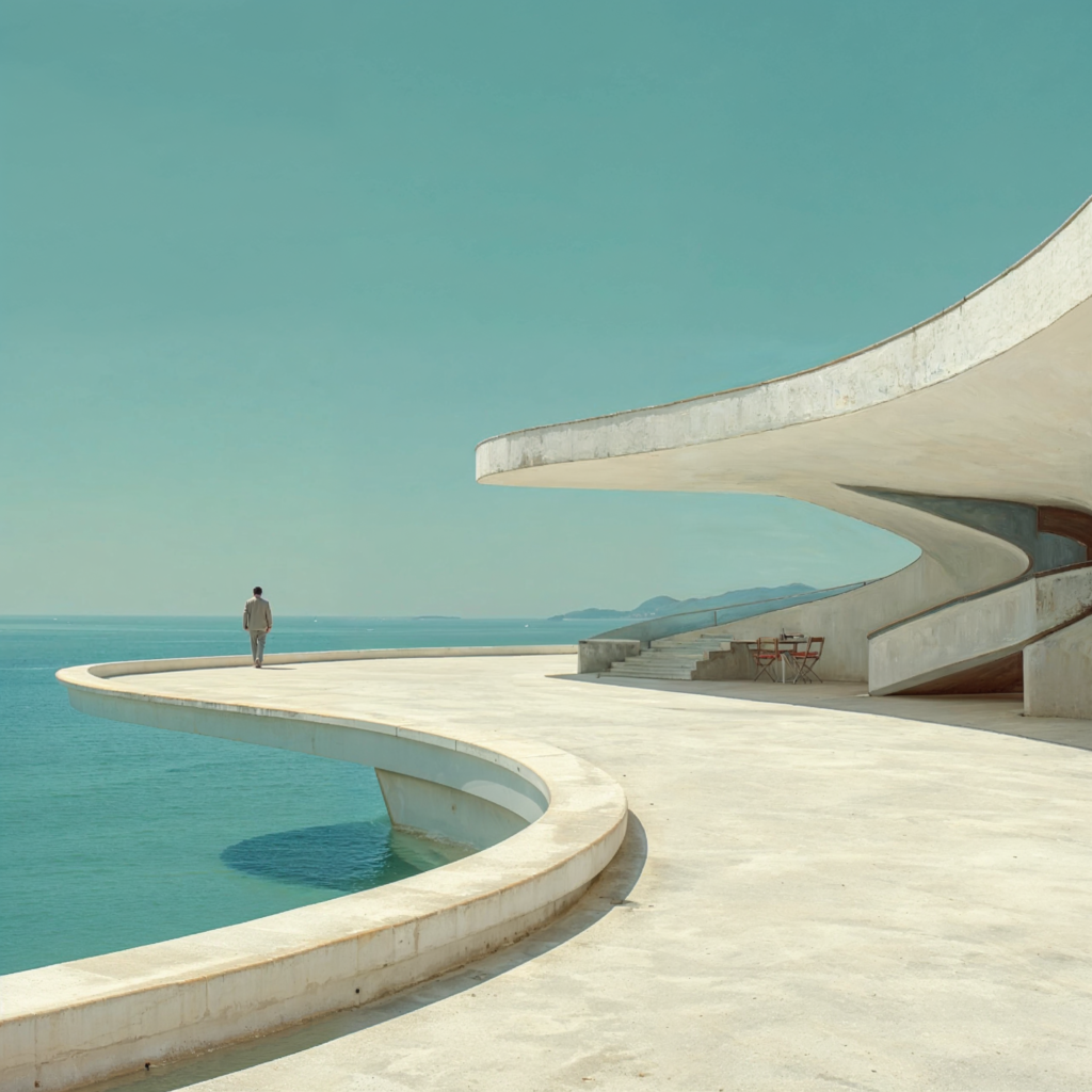 concept digitale architettura modernista curvilinea in cemento bianco affacciata sul mare