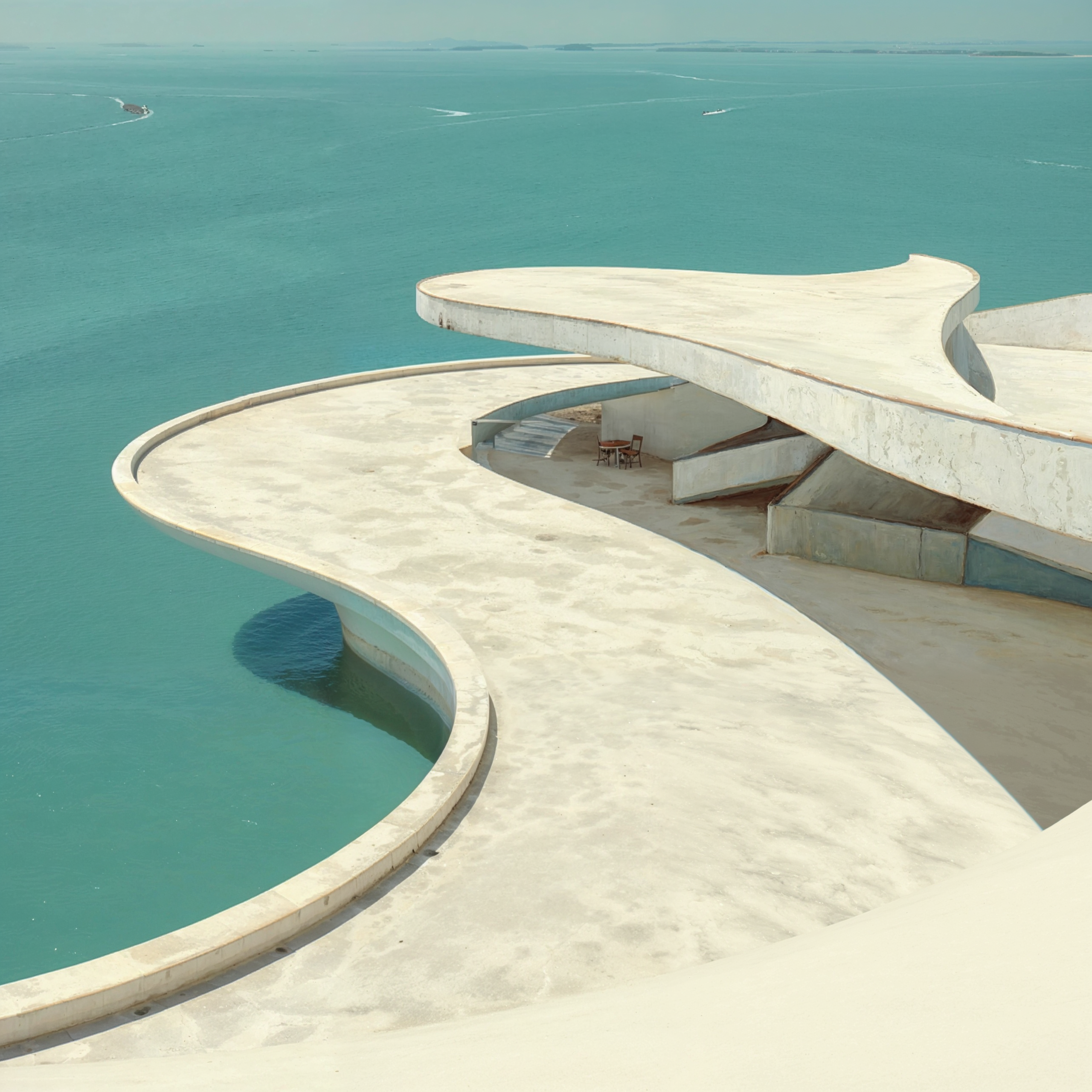 concept 3d di architettura modernista curvilinea in cemento sospesa sul mare turchese niemeyer ispirazione