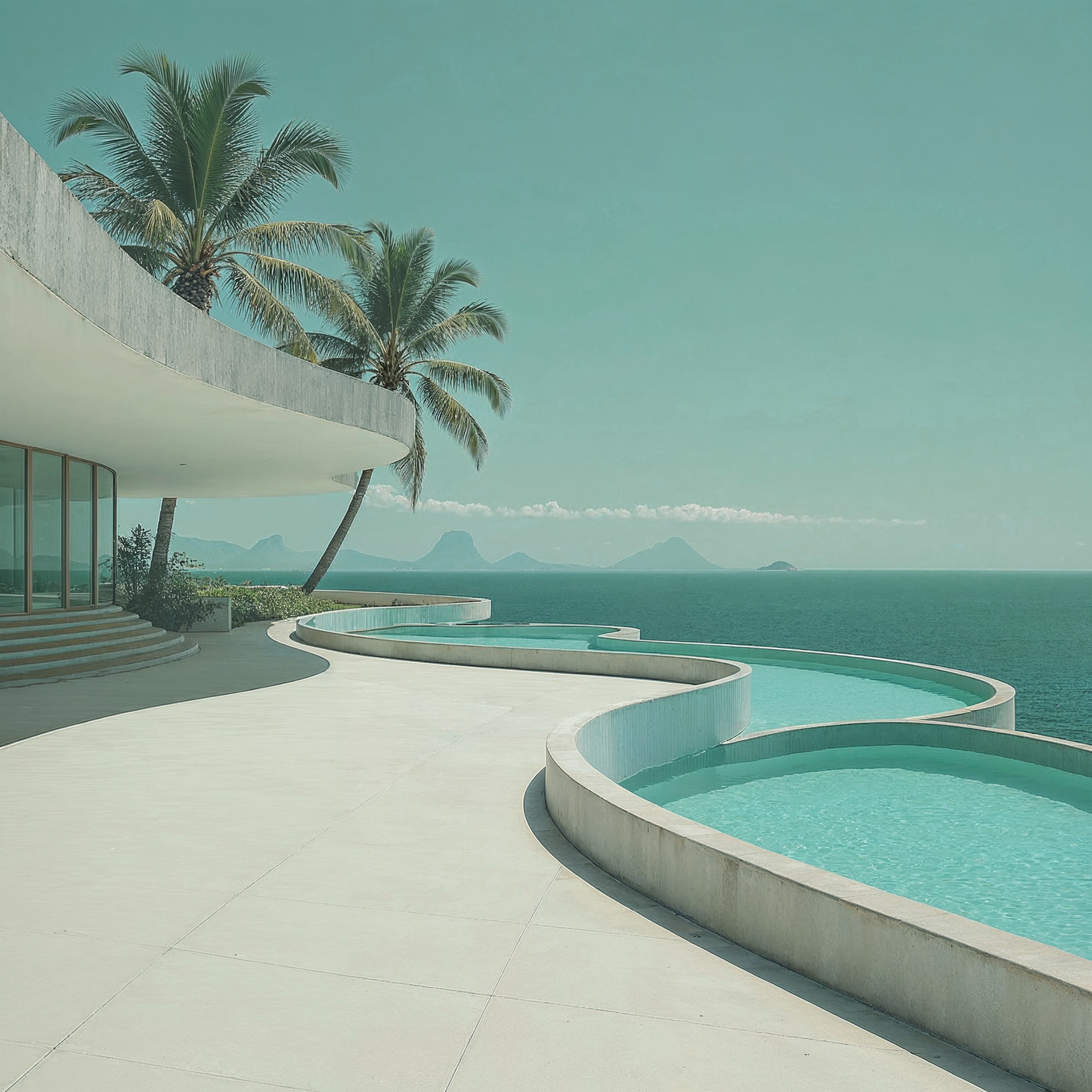 concept 3d di villa modernista curvilinea con piscina organica e vista mare tropicale niemeyer ispirazione