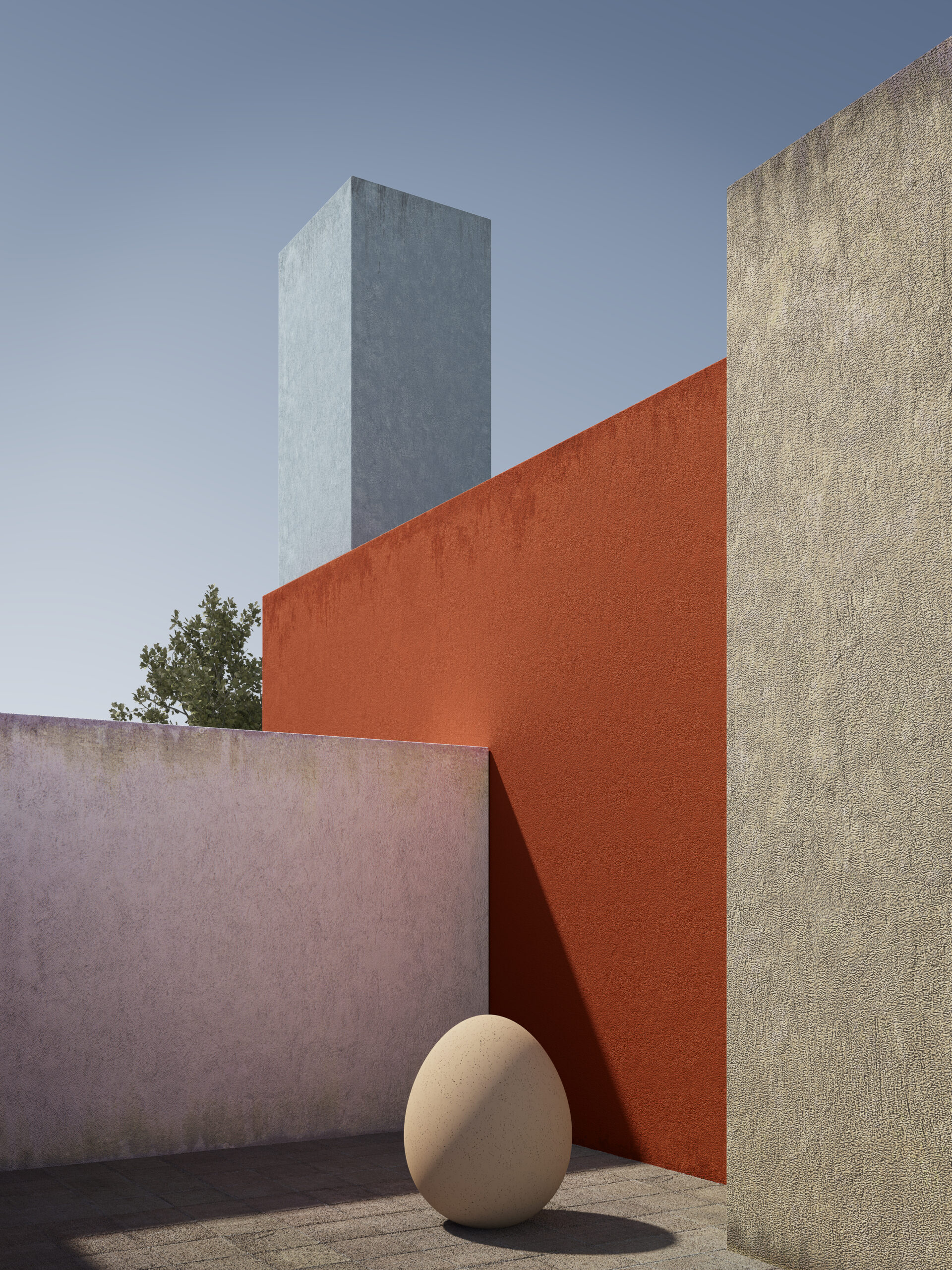 digital art cgi di architettura minimalista con volumi geometrici stile barragan e uovo laura farina