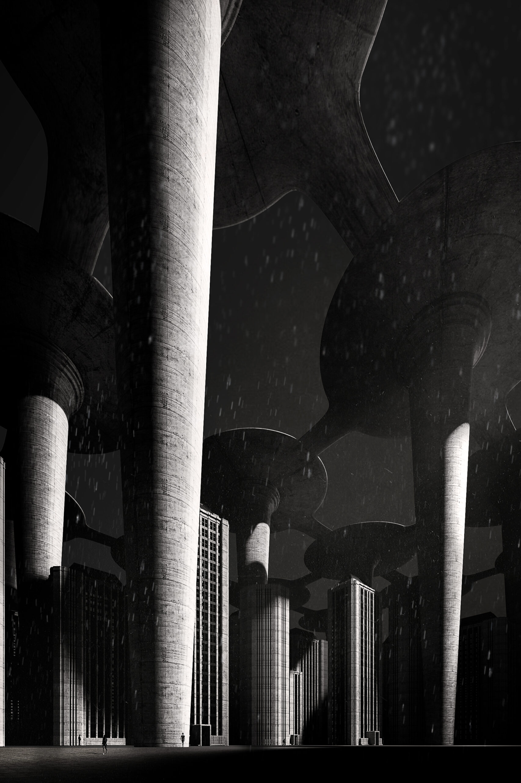 digital art cgi monumentale in bianco e nero con colonne gigantesche e architettura notturna ispirata a hugh ferriss