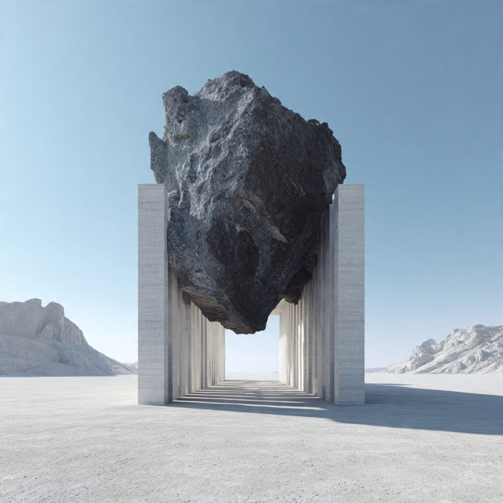 colonnato monumentale in pietra nel deserto con grande roccia sospesa al centro ai