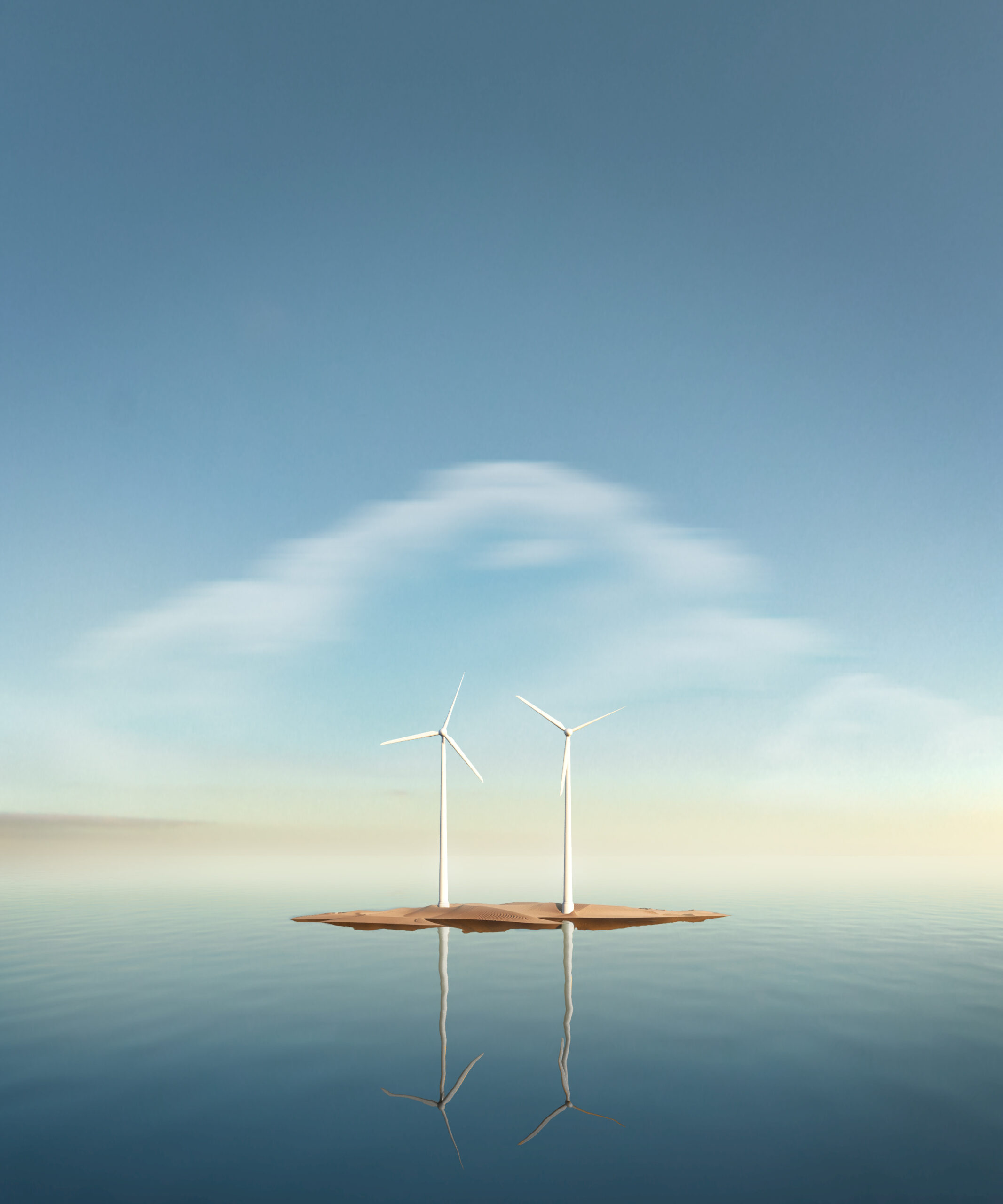 digital art minimalista con due pale eoliche su isola sabbiosa e riflesso sull’acqua calma titolo il paradosso dei pensieri laura farina