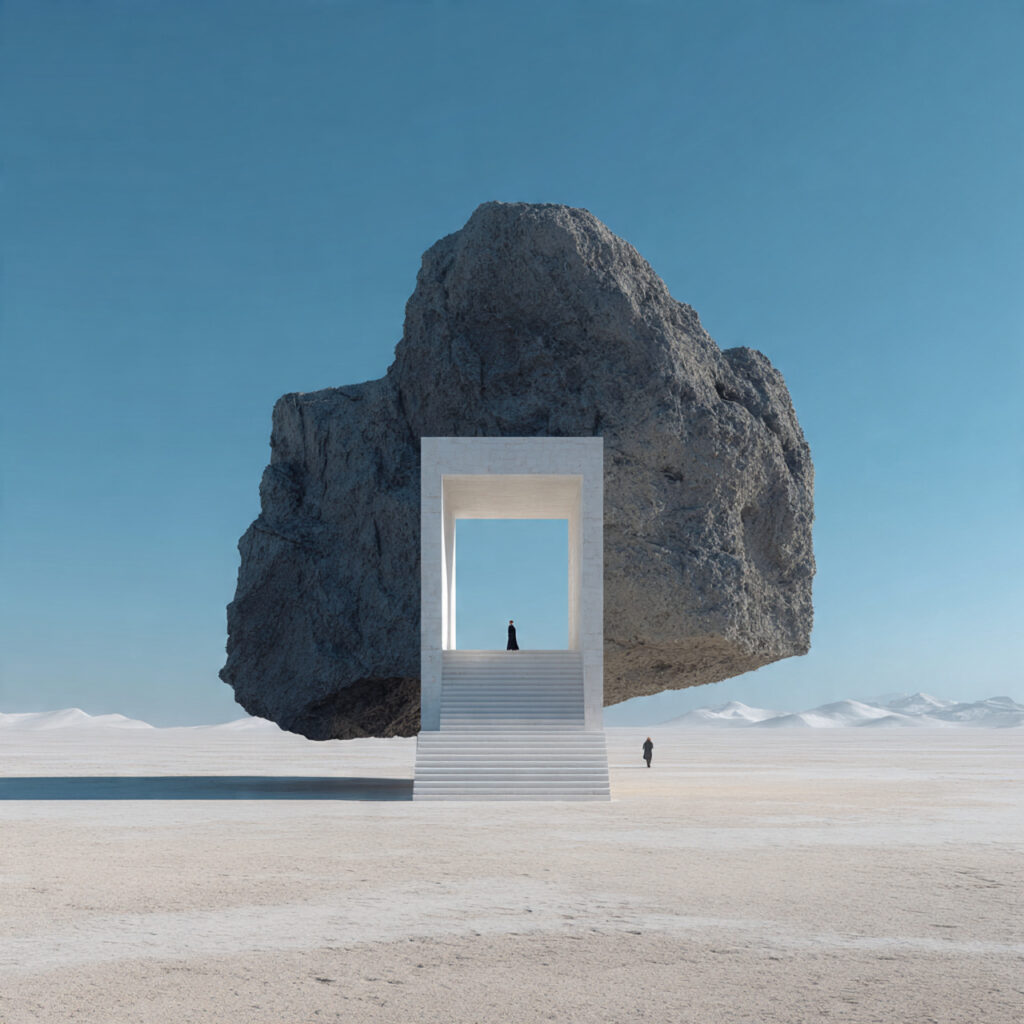 digital art ai surrealista con grande roccia sospesa e portale monumentale nel deserto bianco