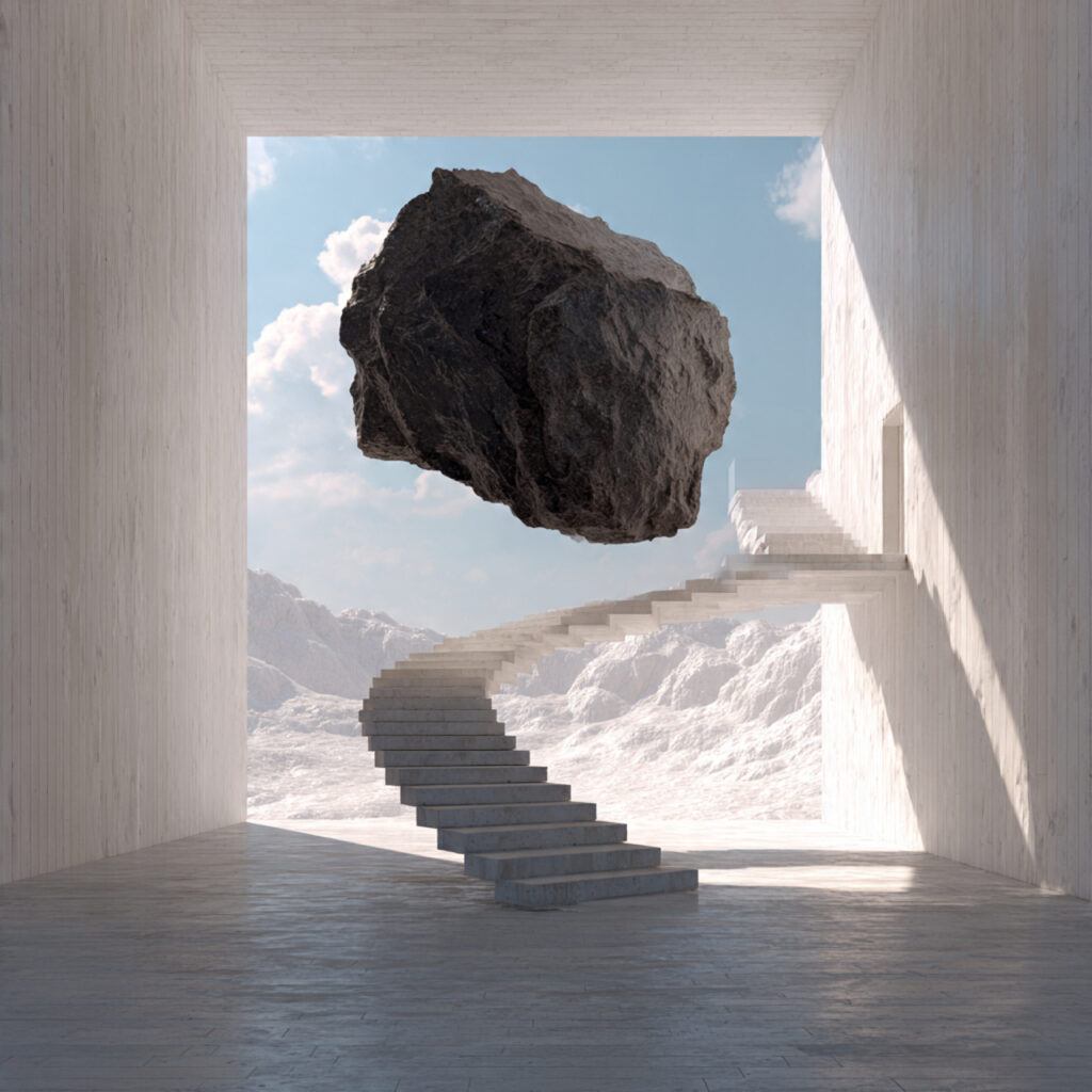 scala curva sospesa in spazio minimalista con grande roccia fluttuante nel cielo ai