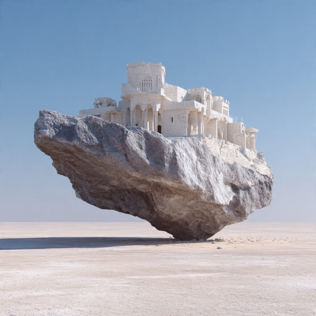 tempio monumentale ai in pietra sopra una grande roccia sospesa nel deserto bianco