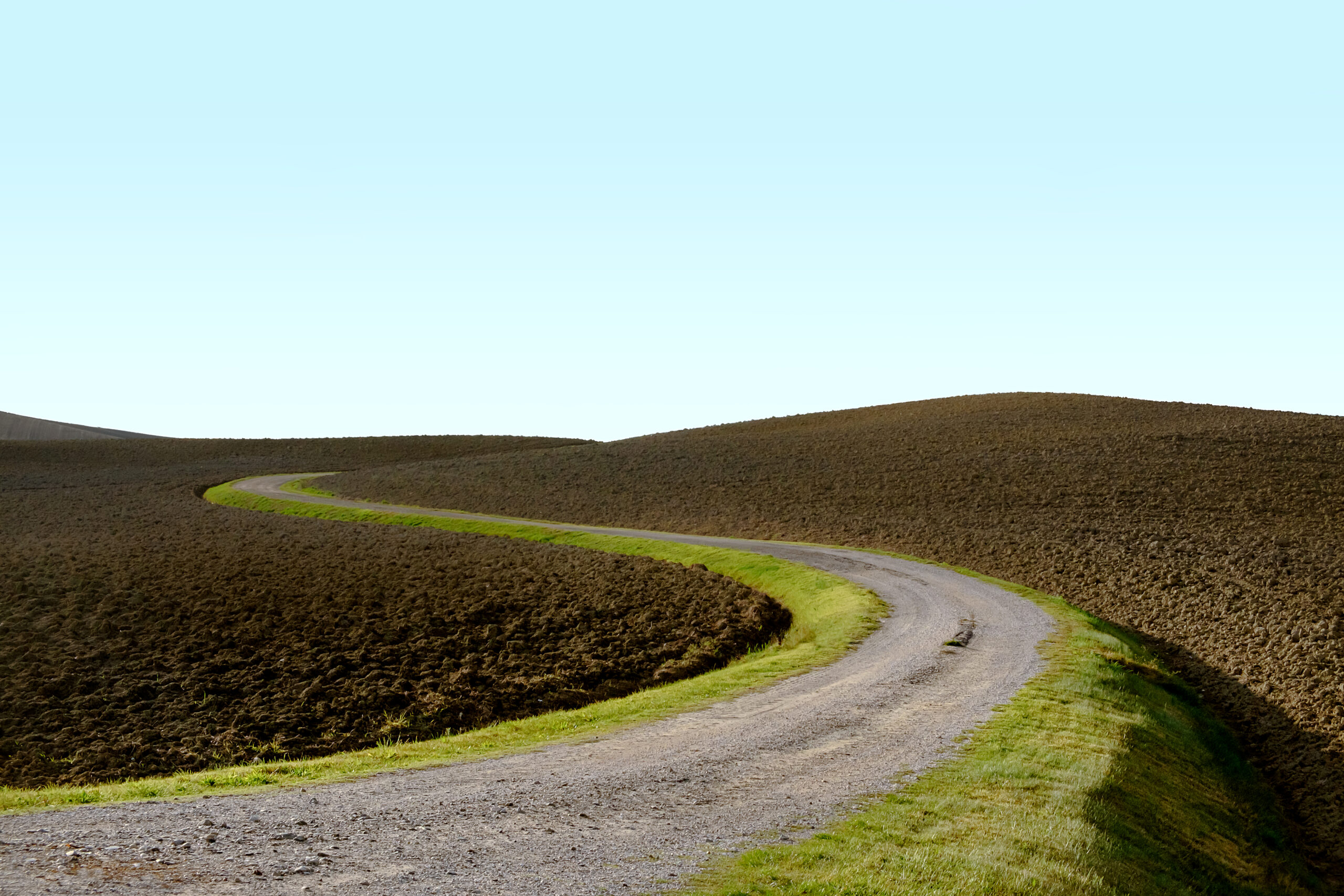 strada sterrata curva che attraversa campi arati marroni con bordo erboso verde sotto un cielo azzurro chiaro fotografia laura farina