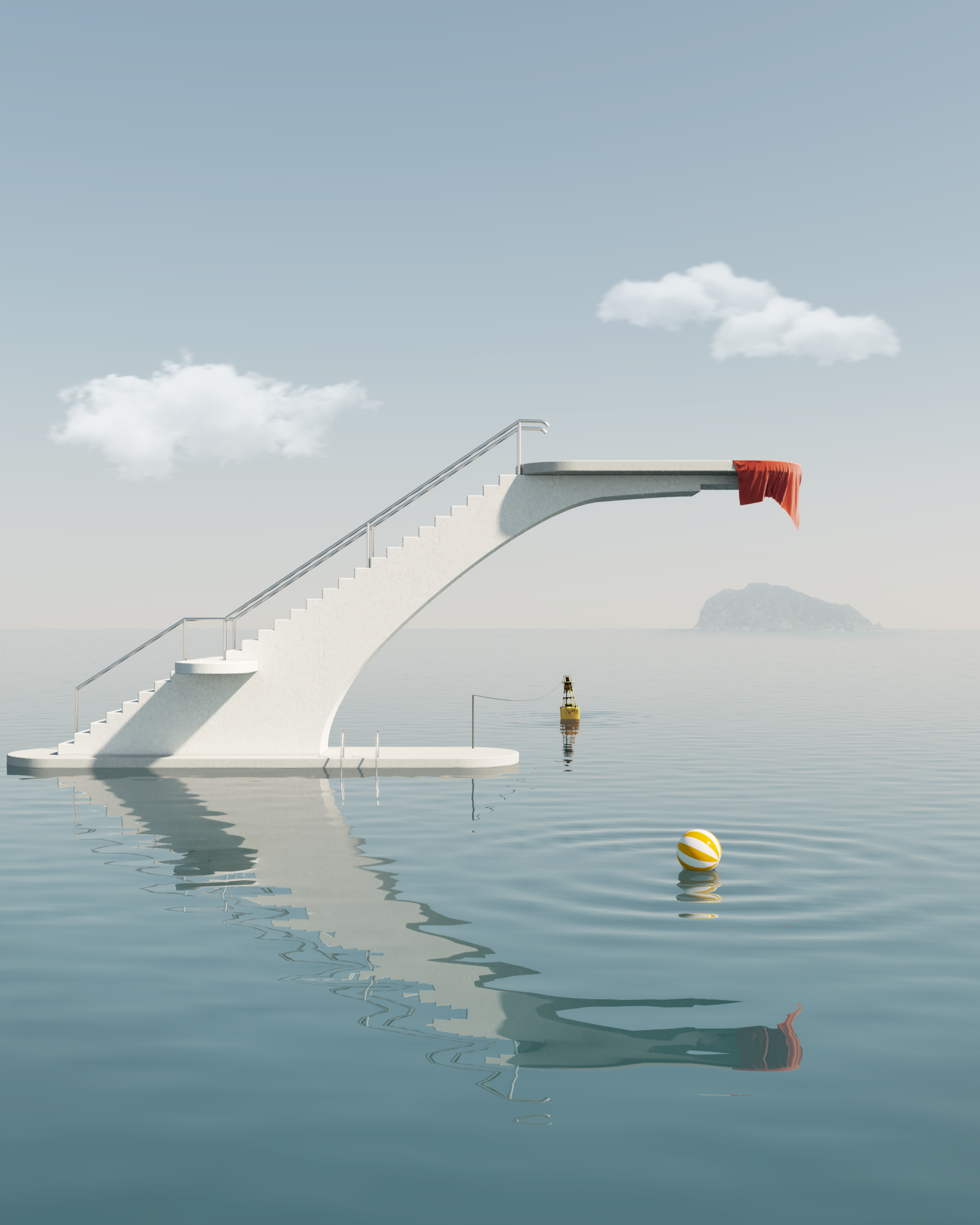 immagine surrealista minimalista con trampolino bianco sul mare calmo e riflesso sull’acqua digital art titolo invincibile estate laura farina