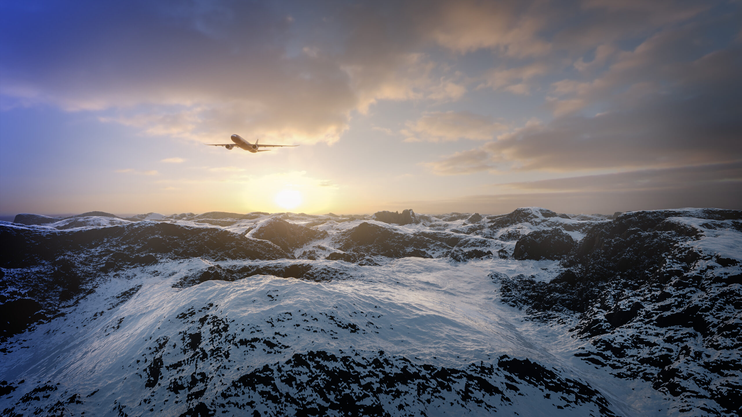 digital art cgi di aereo in volo sopra montagne innevate illuminate dal tramonto laura farina