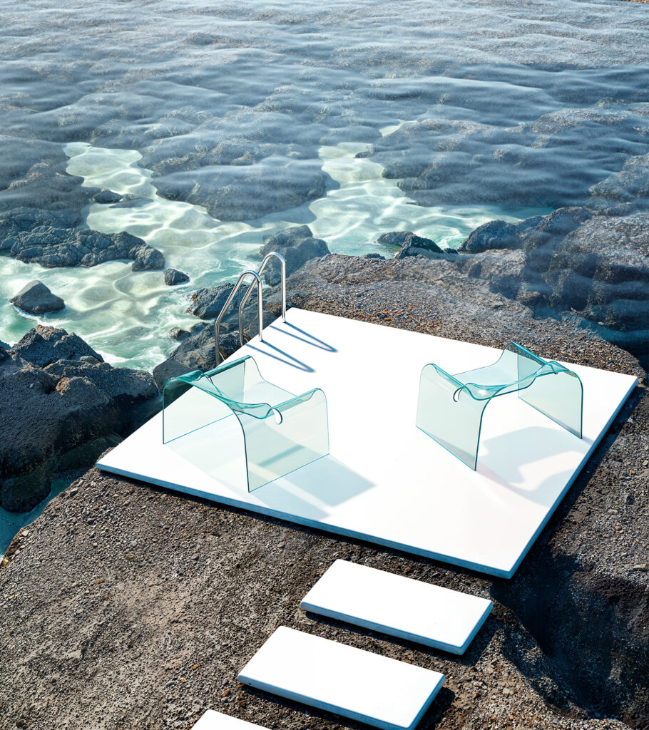 digital art cgi set design minimalista con poltrone in vetro trasparente ghost fiam cini boeri su piattaforma bianca affacciata su scogliera e mare cristallino laura farina