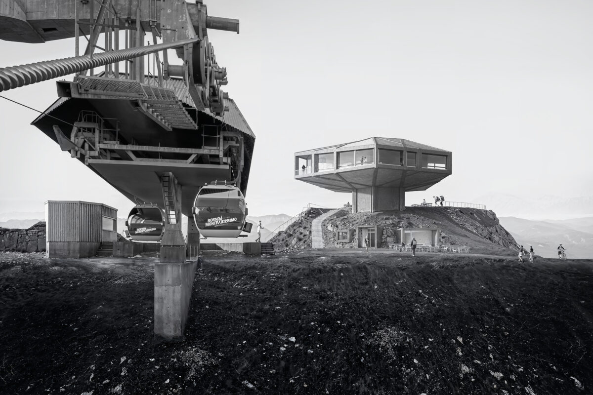 render architettonico e fotoinserimento di stazione funivia alpina con edificio panoramico scultoreo a sbalzo su paesaggio montano borno brescia italia architetto jimmy pianezzola