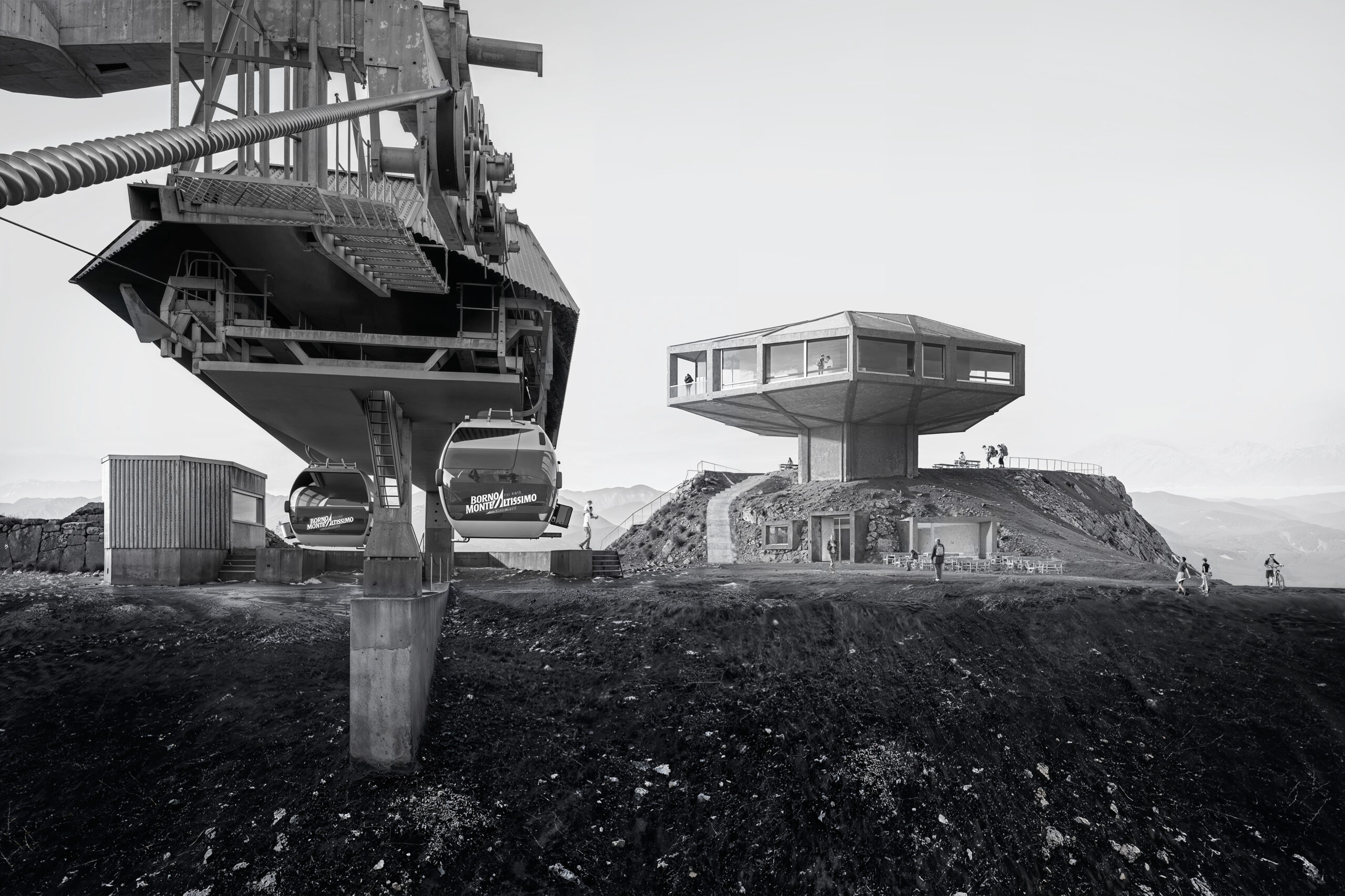 render architettonico e fotoinserimento di stazione funivia alpina con edificio panoramico scultoreo a sbalzo su paesaggio montano borno brescia italia architetto jimmy pianezzola