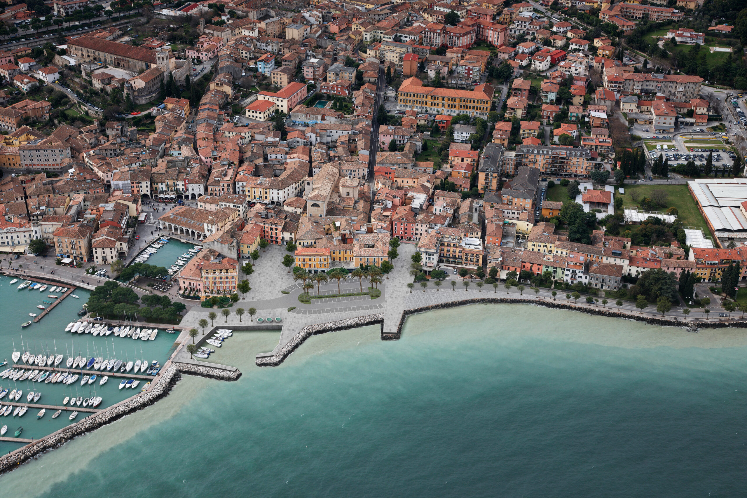 render con fotoinserimento aereo di piazza riqualificata sul waterfront lacustre con porto turistico e centro storico di desenzano del garda brescia italia architetto emilio cupolo