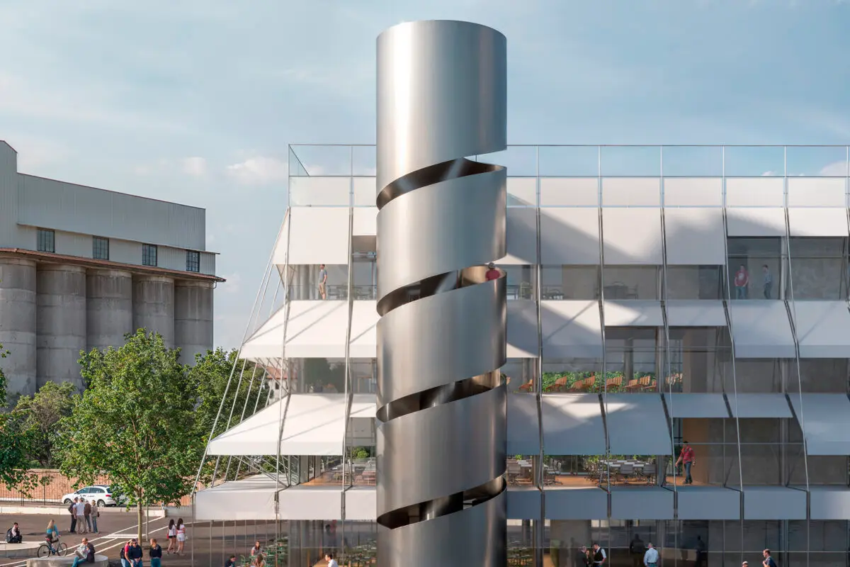 render fotorealistico 3d architettura esterni edificio contemporaneo vetro acciaio riqualificazione urbana concorso ravenna italia architetto arpostudio