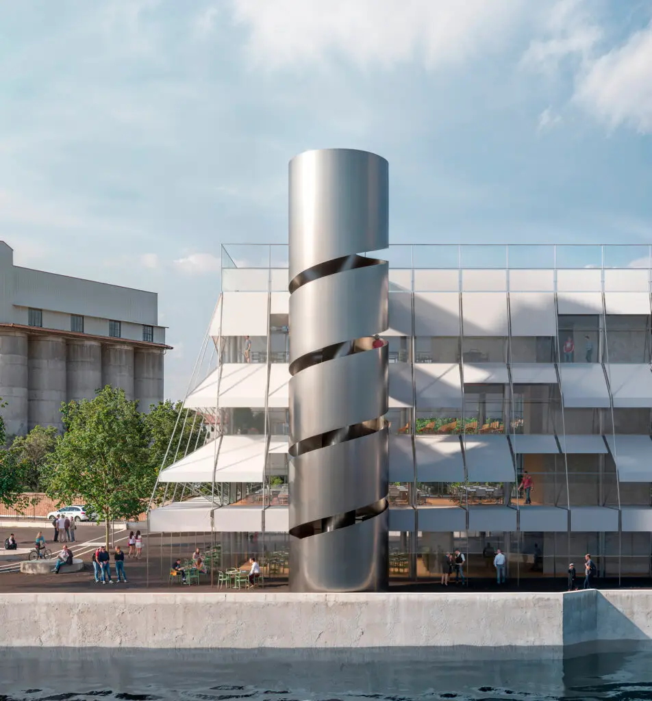 render fotorealistico 3d architettura esterni edificio contemporaneo vetro acciaio riqualificazione urbana concorso ravenna italia architetto arpostudio