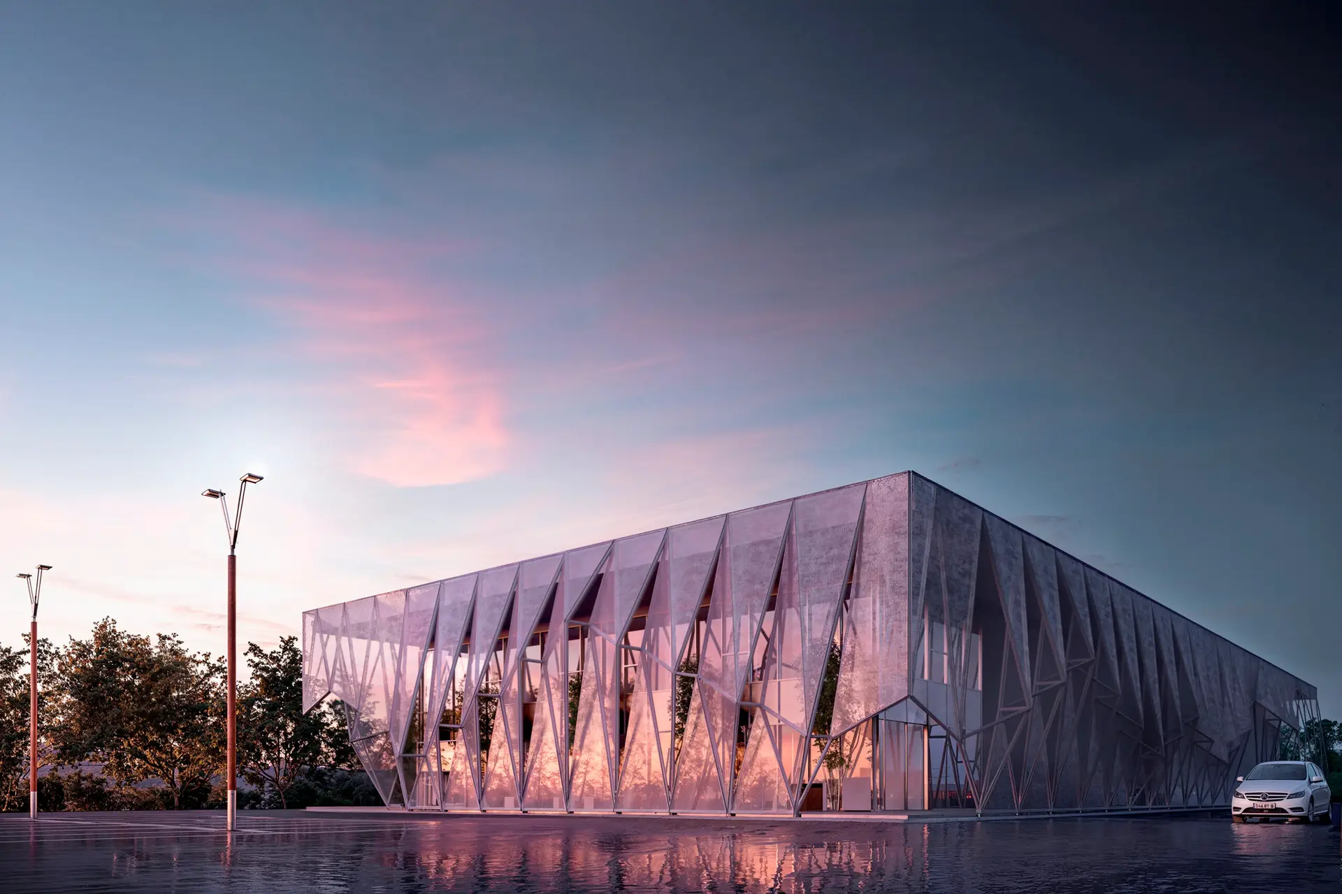 render fotorealistico 3d architettura esterni edificio direzionale facciata geometrica vetro acciaio tramonto milano italia architetto arpostudio