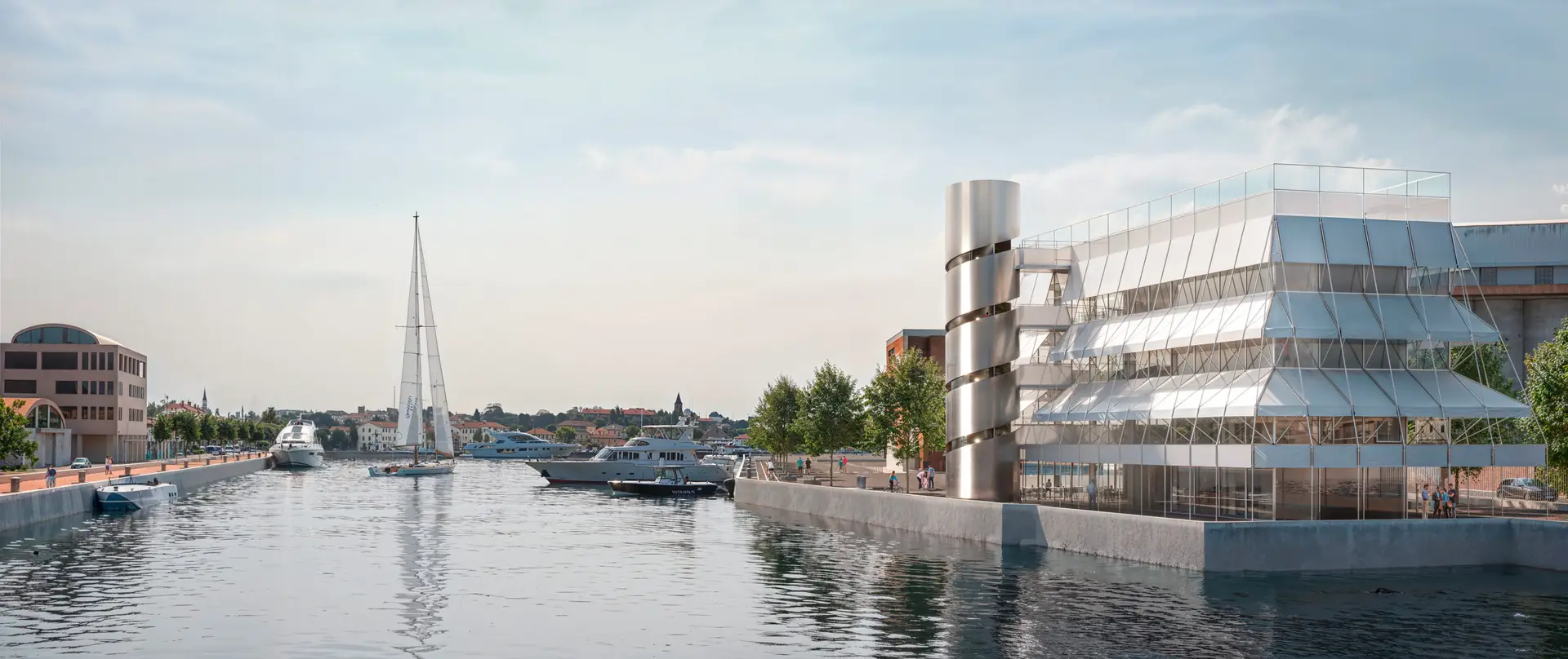 render fotorealistico 3d architettura esterni edificio contemporaneo waterfront riqualificazione portuale concorso ravenna italia architetto arpostudio