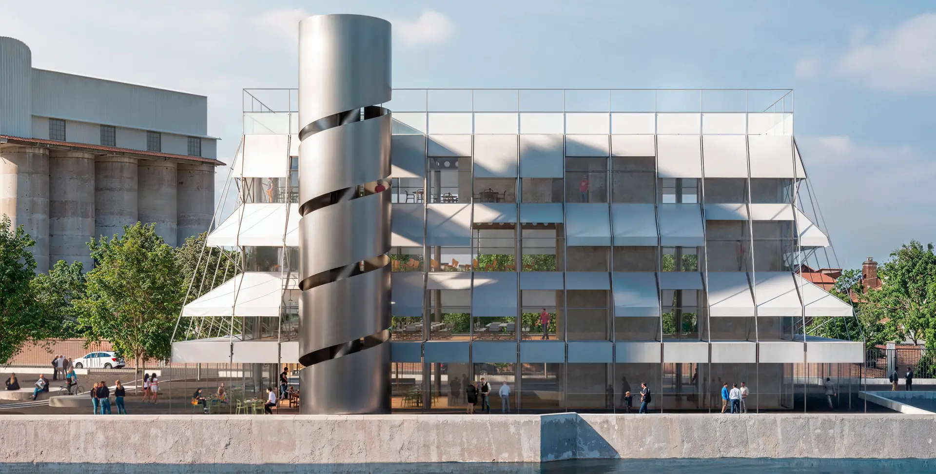 render fotorealistico 3d architettura esterni edificio contemporaneo vetro acciaio torre elicoidale concorso ravenna italia architetto arpostudio