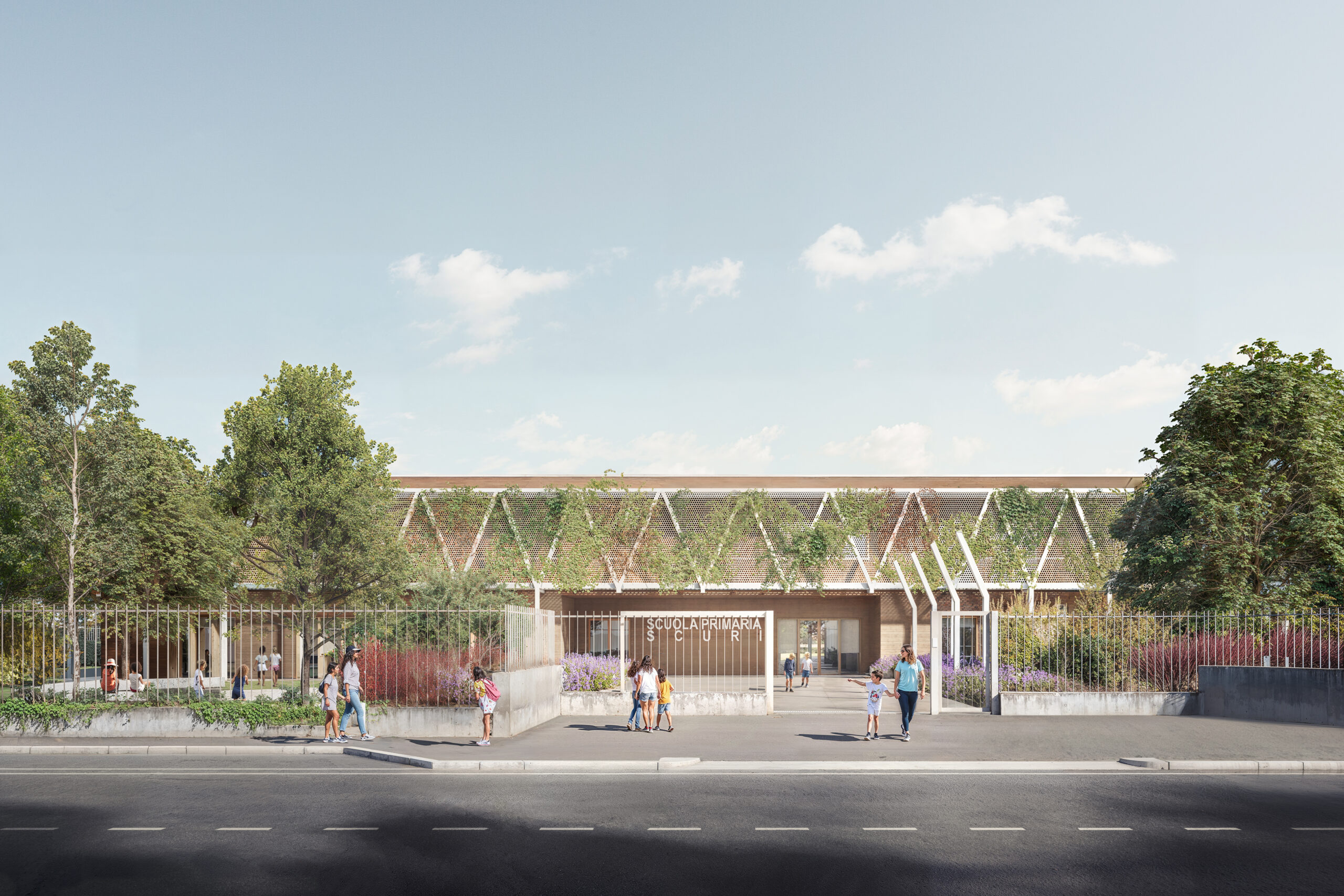 render fotorealistico 3d di architettura esterni con scuola primaria contemporanea e facciata verde schermata concorso primo premio pnrr bergamo italia architetto arpostudio