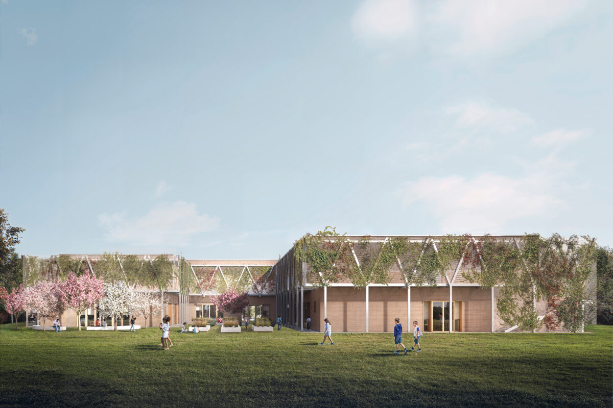 render fotorealistico 3d di architettura esterni con scuola primaria sostenibile immersa nel verde e facciata vegetale concorso primo premio pnrr bergamo italia architetto arpostudio