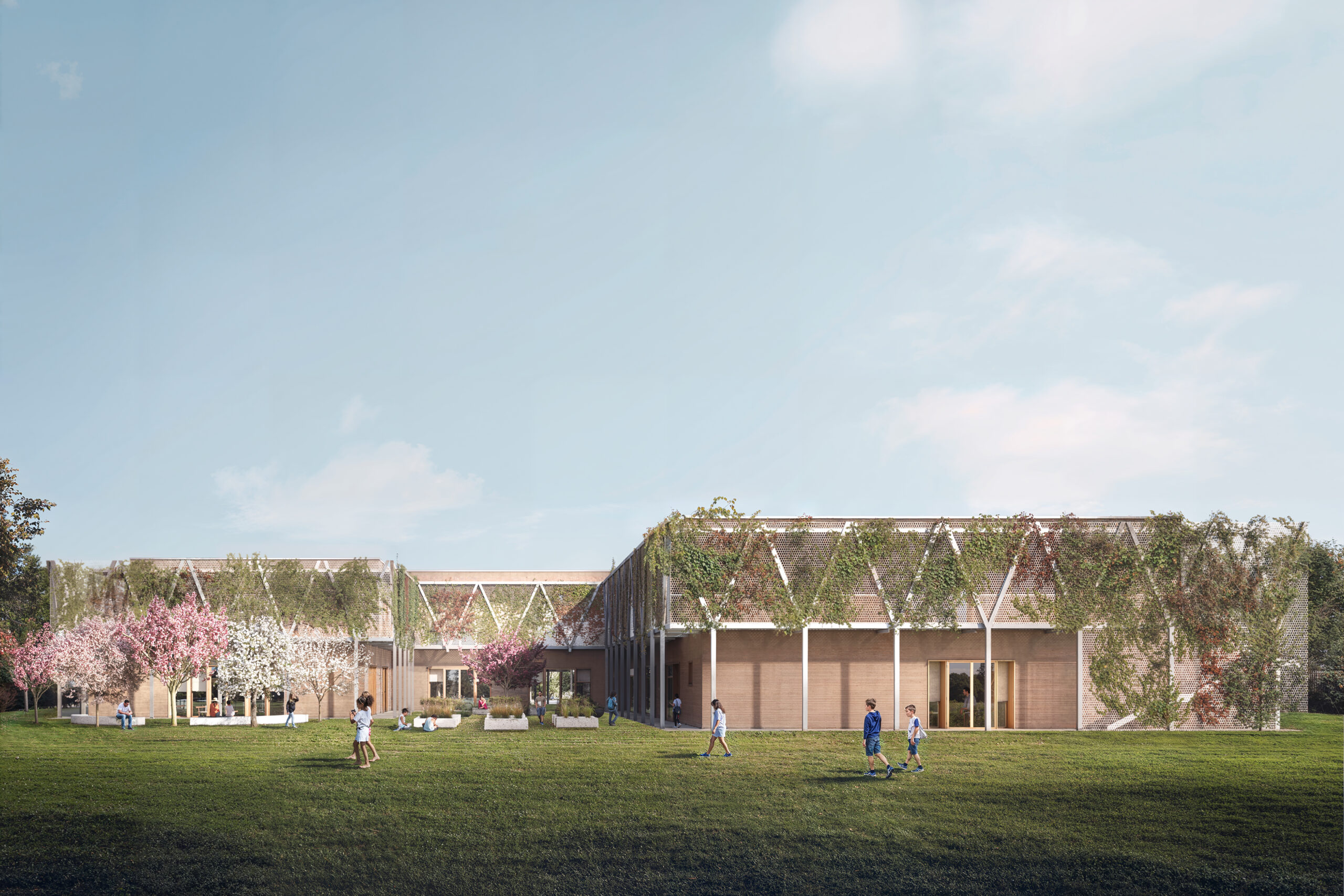 render fotorealistico 3d di architettura esterni con scuola primaria sostenibile immersa nel verde e facciata vegetale concorso primo premio pnrr bergamo italia architetto arpostudio