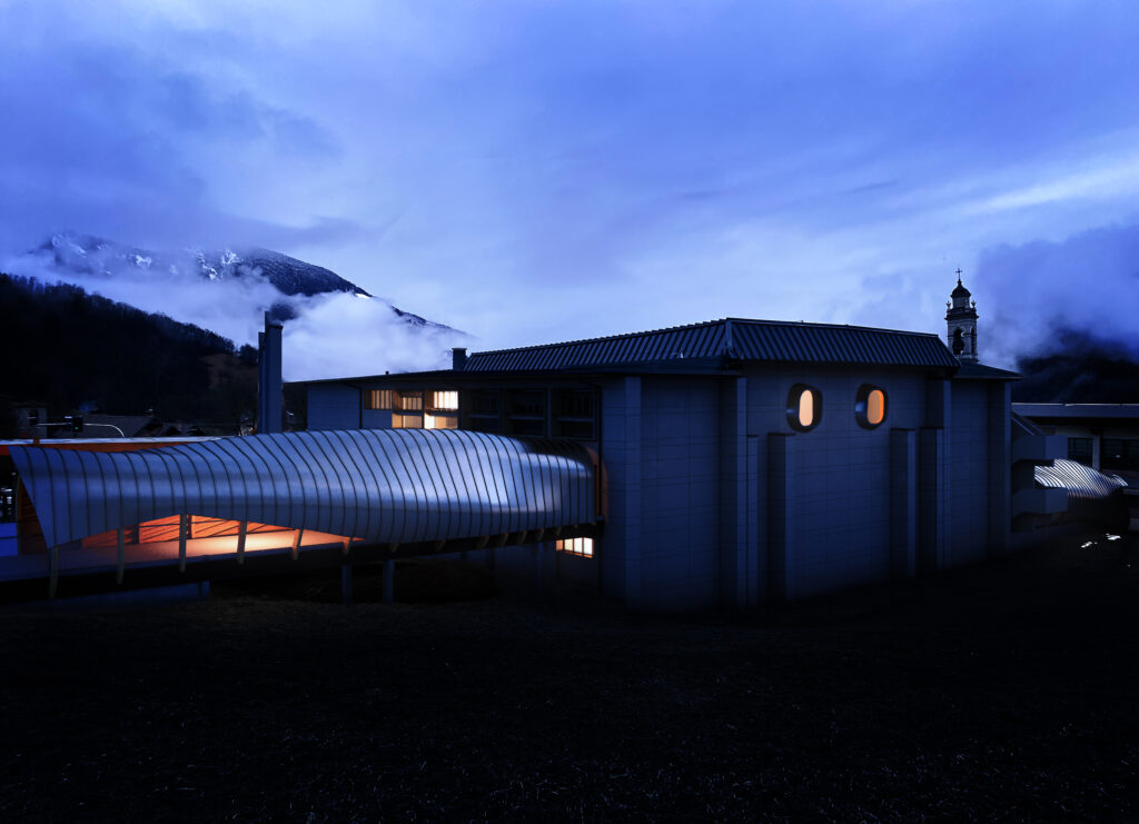render fotorealistico 3d di architettura riqualificazione scuola in contesto montano con passerella coperta illuminata costa serina bergamo italia architetto arpostudio
