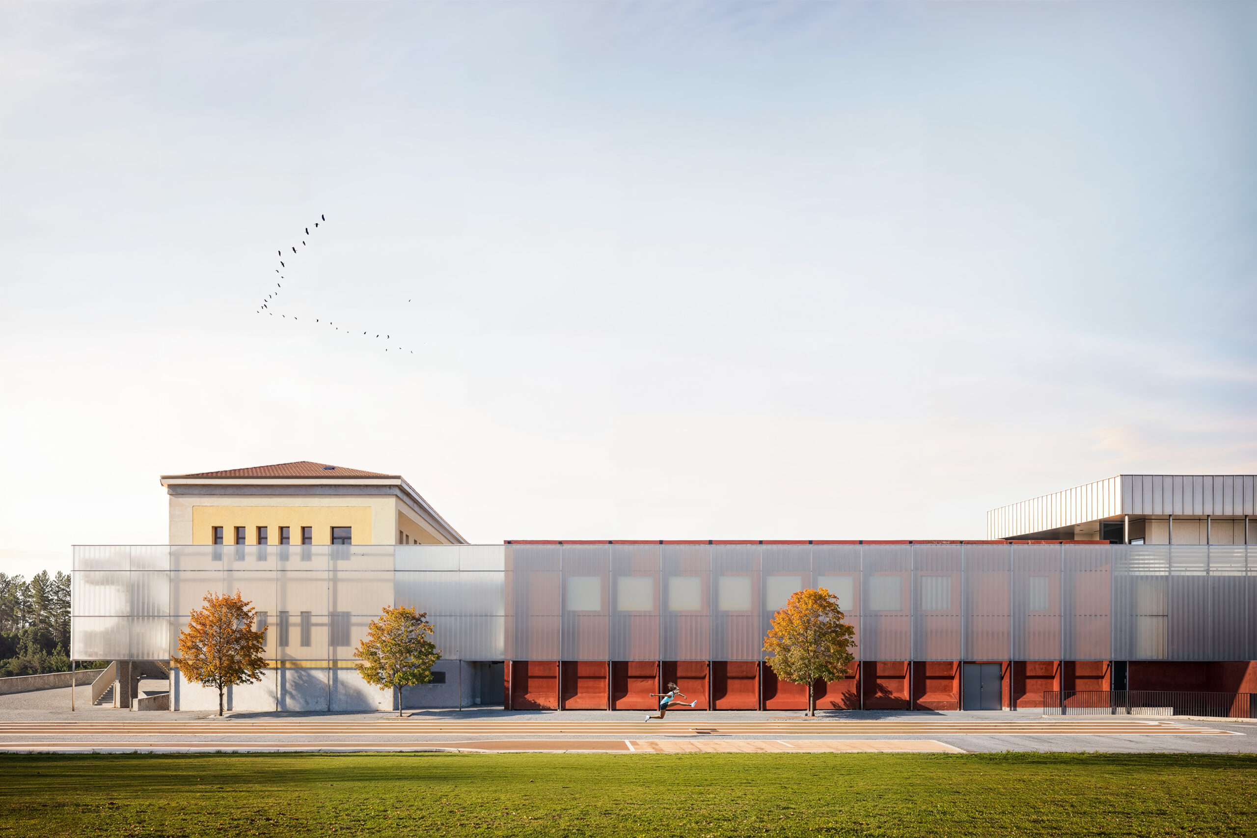 render fotorealistico 3d di esterni architettura con edificio pubblico contemporaneo e facciata schermata giulia de appolonia architetto palazzolo brescia italia