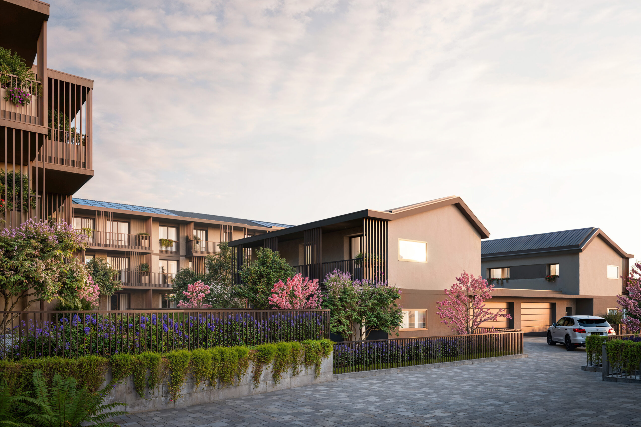 render fotorealistico 3d di esterni architettura con complesso residenziale contemporaneo e giardini privati ponte san pietro bergamo italia architetto arpostudio