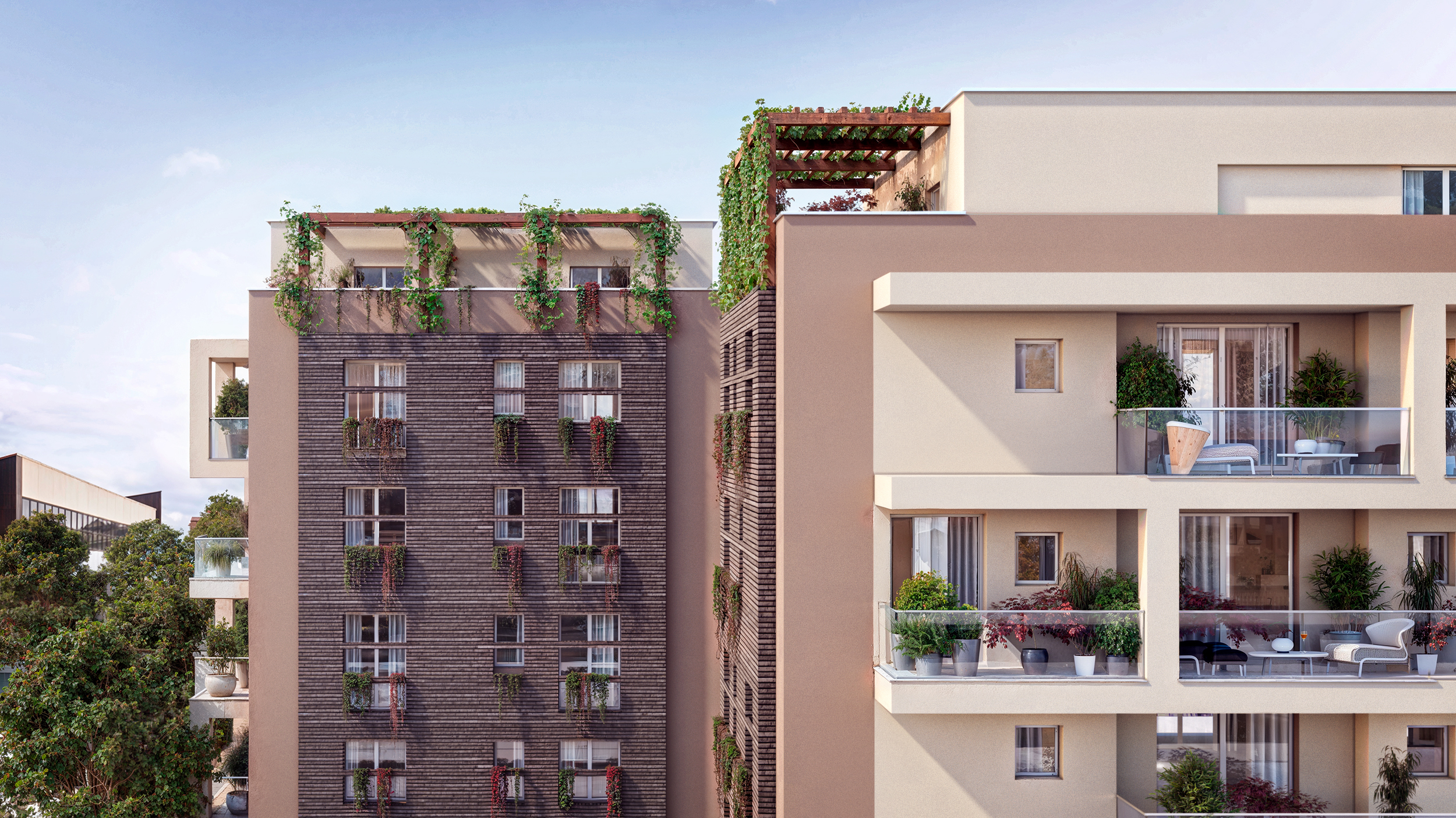 render fotorealistico 3d di esterni architettura con edificio residenziale contemporaneo e balconi verdi milano italia architetto arpostudio