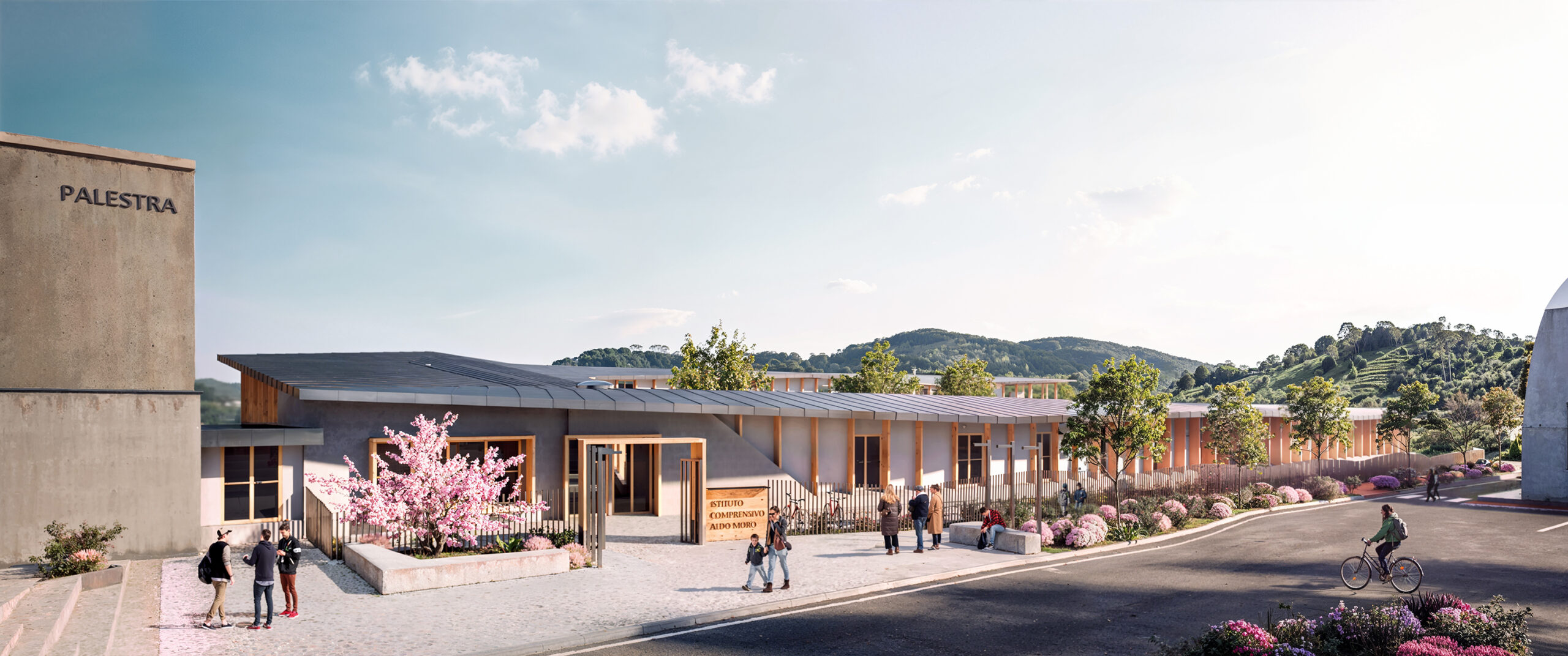 render fotorealistico 3d di esterni architettura con complesso scolastico contemporaneo e ingresso principale gorlago bergamo italia architetto arpostudio