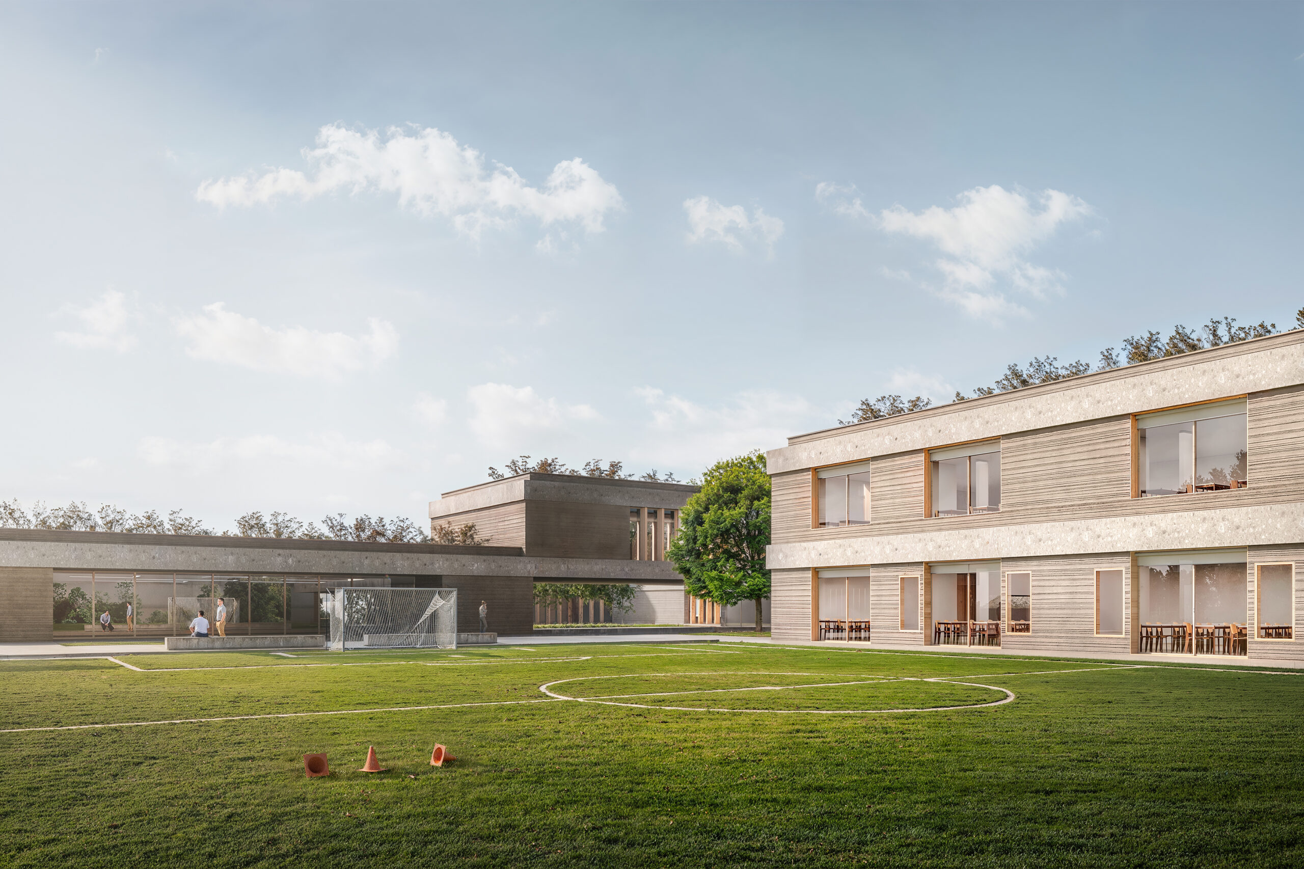render fotorealistico 3d di esterni architettura con scuola contemporanea e cortile con campo sportivo bottanuco bergamo italia architetto arpostudio