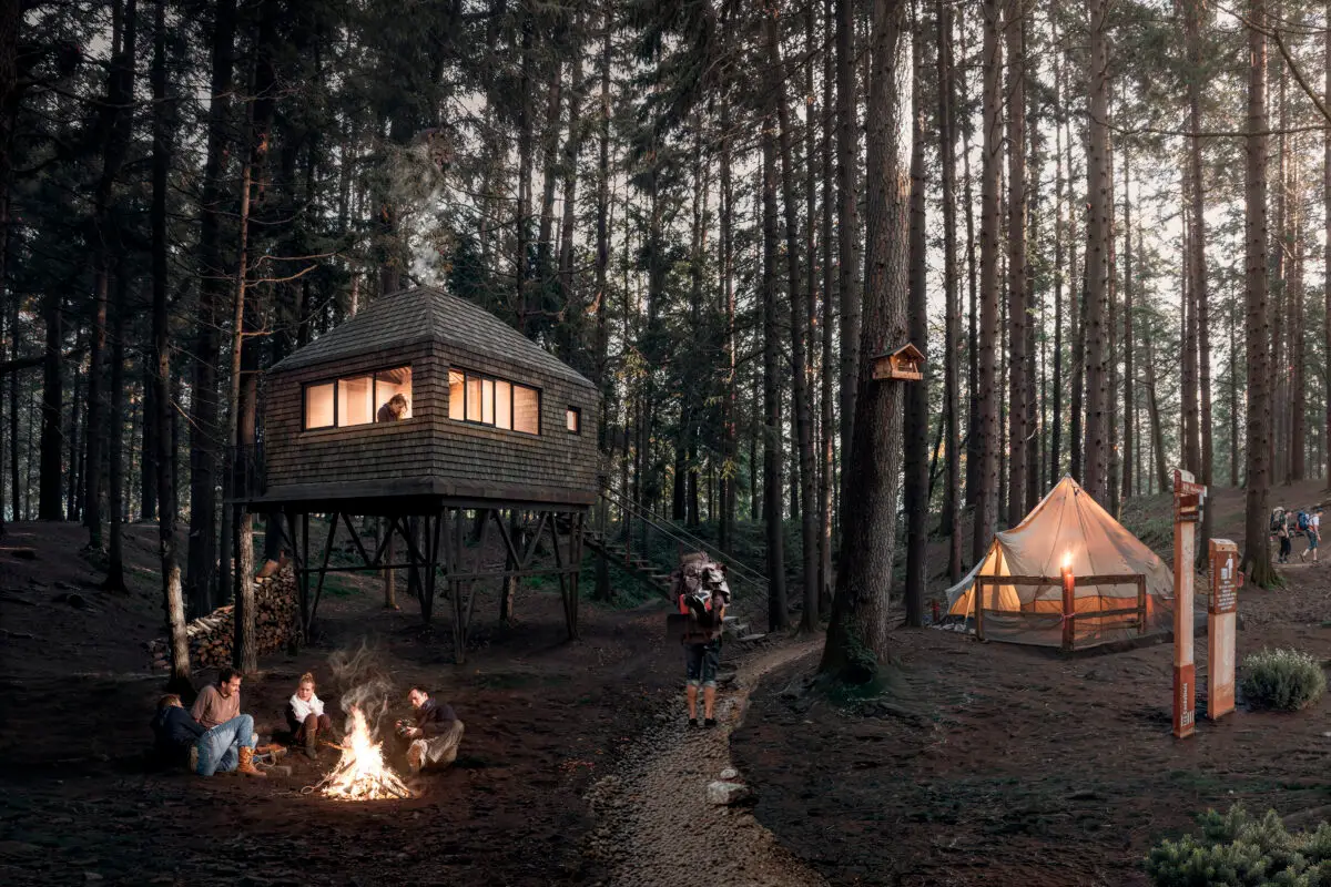 render fotorealistico 3d architettura esterni cabina legno bosco glamping eco-lodge bossico bergamo italia placat