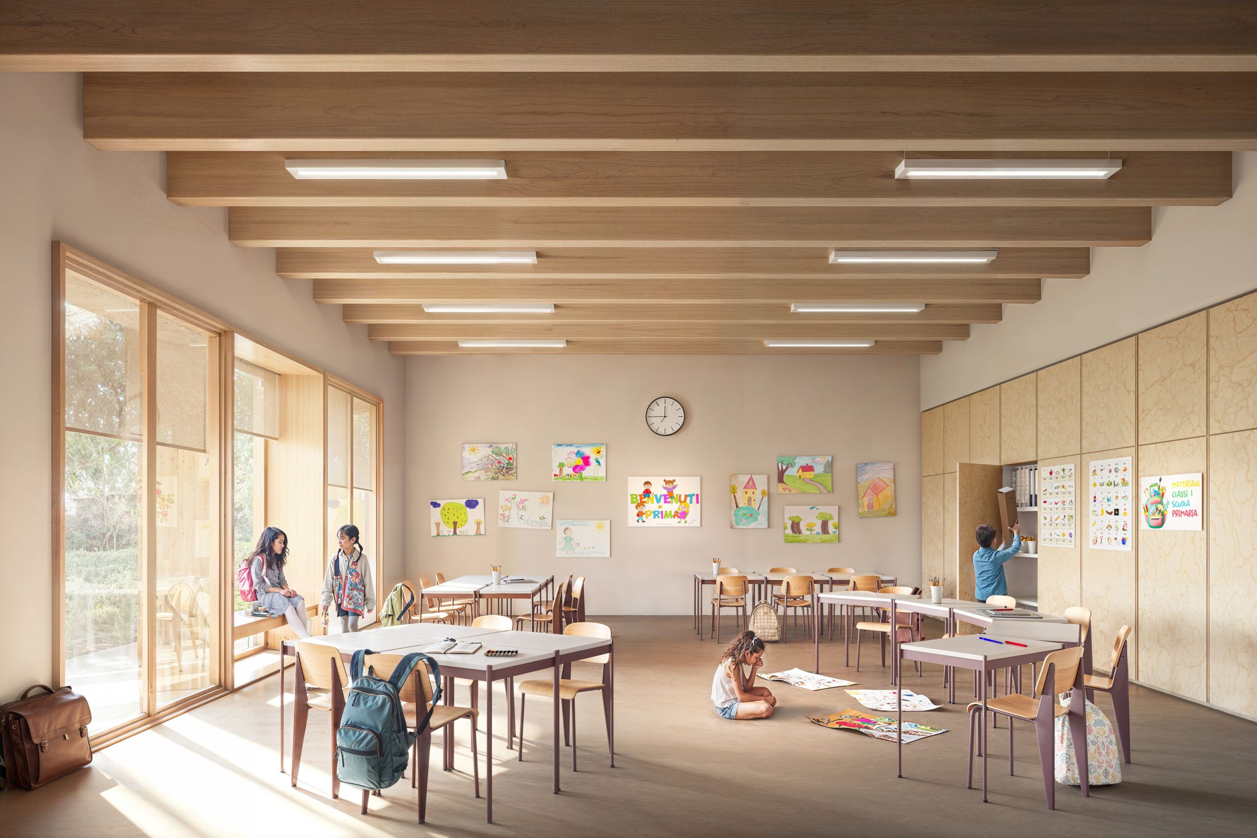render fotorealistico 3d di interni architettura con aula scolastica contemporanea e arredi in legno naturale concorso primo premio pnrr bergamo italia architetto arpostudio