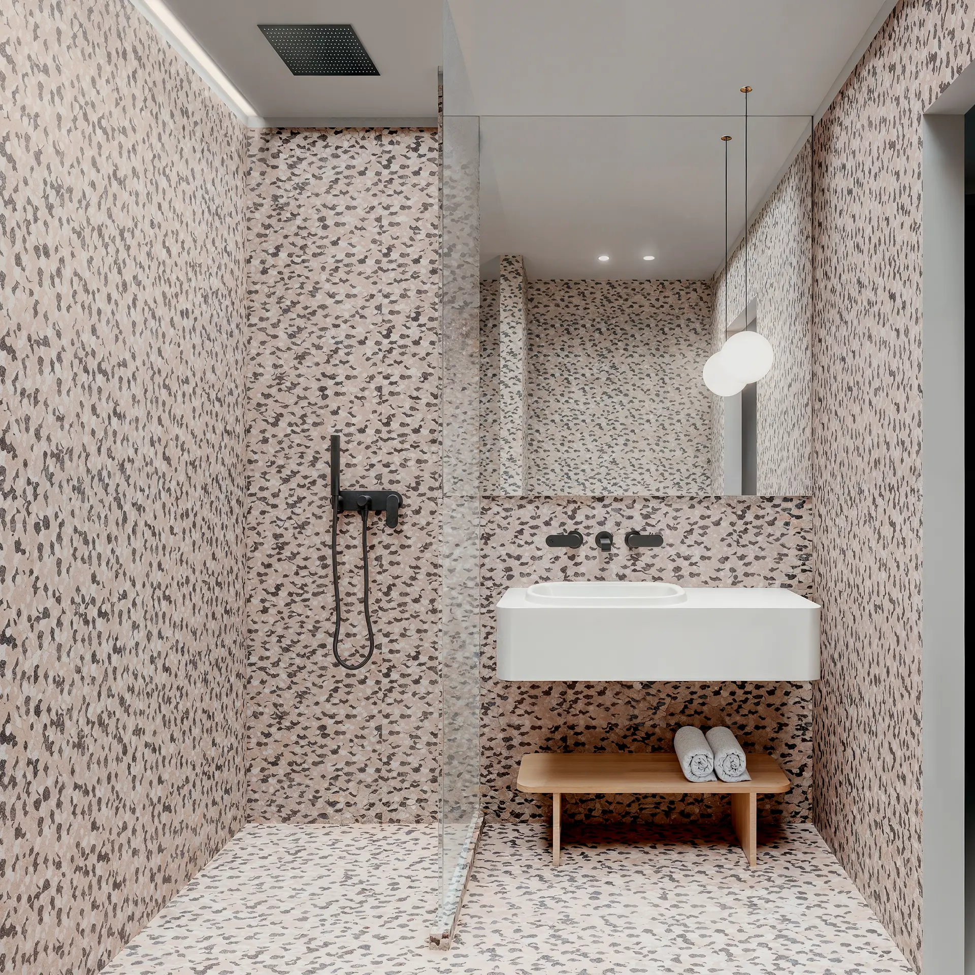 render fotorealistico 3d interni architettura bagno hotel doccia walk-in rivestimento terrazzo architetto patricia urquiola onsitestudio piovene fabi dxp architetti bruxelles belgio