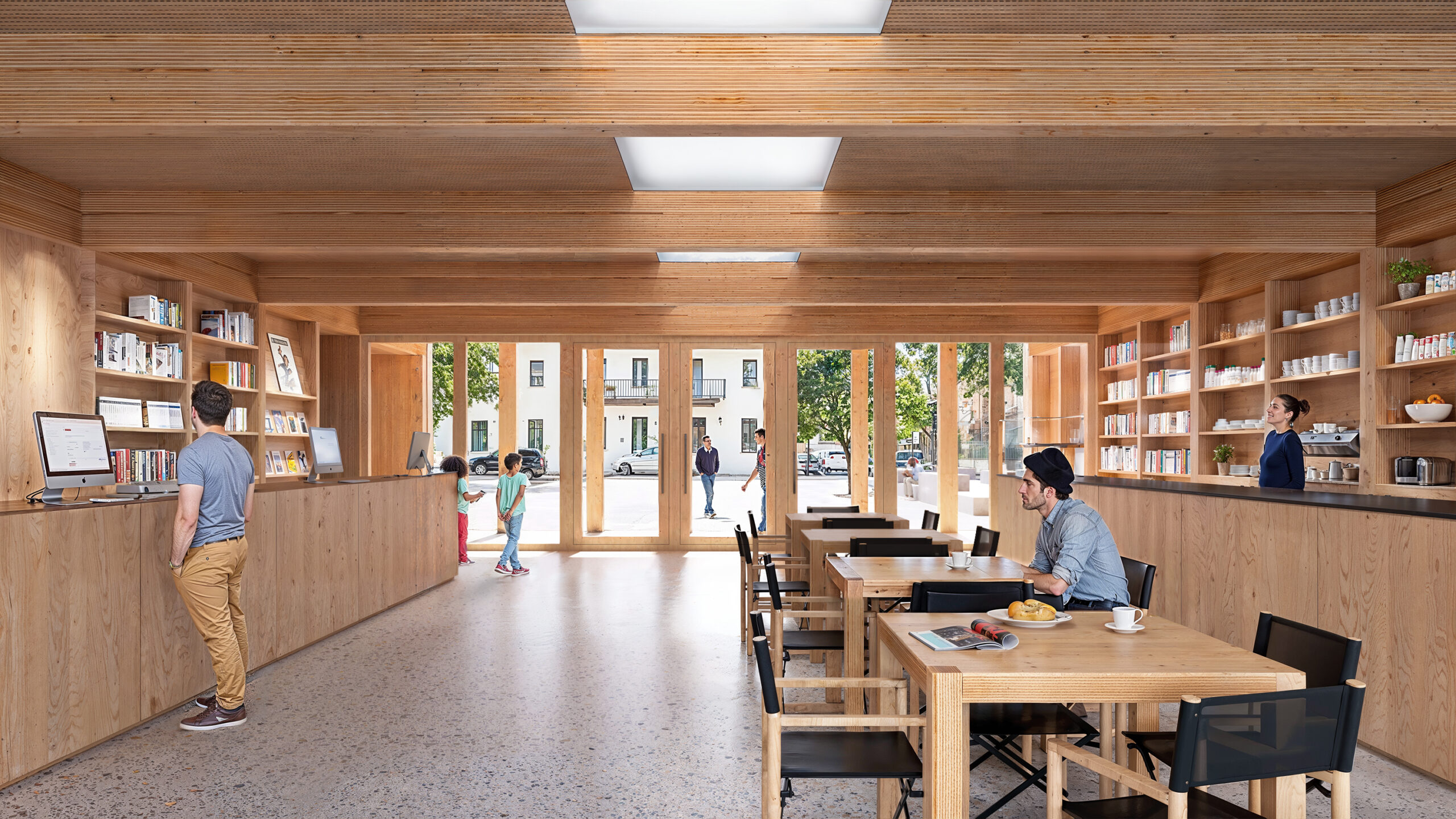 render fotorealistico 3d di interni architettura con caffè biblioteca moderna in legno naturale e vetrate su strada concorso jimmi pianezzola architetto milano italia