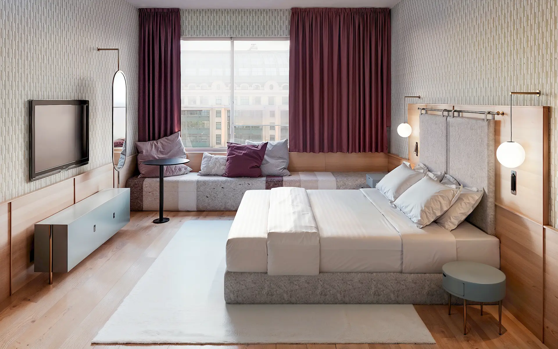 render fotorealistico 3d interni architettura camera hotel moderna legno arredi su misura patricia urquiola onsitestudio piovene fabi dxp architetti bruxelles belgio