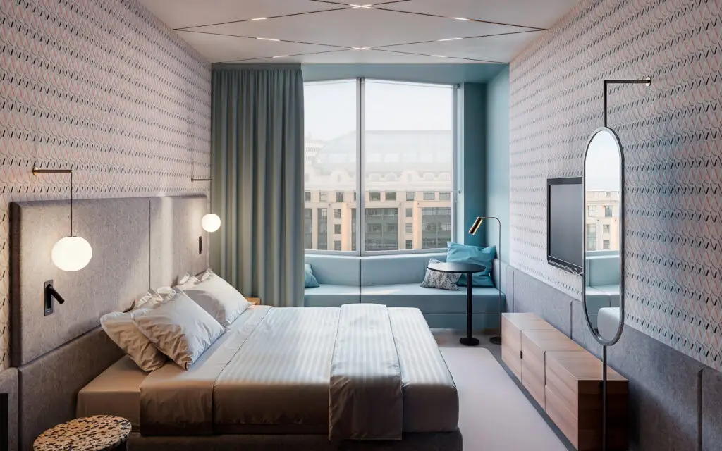 render fotorealistico 3d interni architettura camera hotel contemporanea arredi su misura vetrate patricia urquiola onsitestudio piovene fabi dxp architetti bruxelles belgio