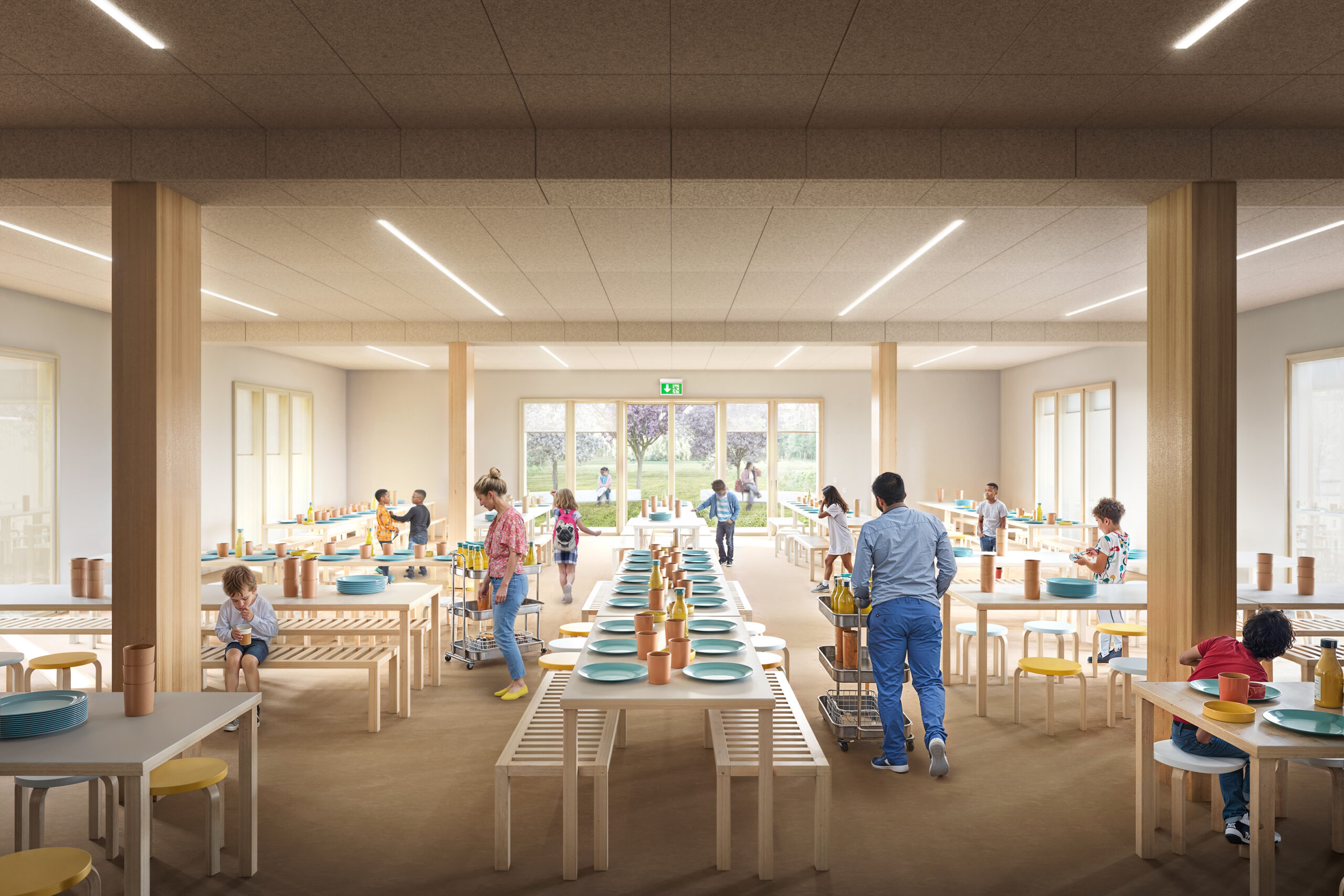 render fotorealistico 3d di interni architettura con mensa scolastica contemporanea e arredi in legno naturale concorso primo premio pnrr bergamo italia architetto arpostudio