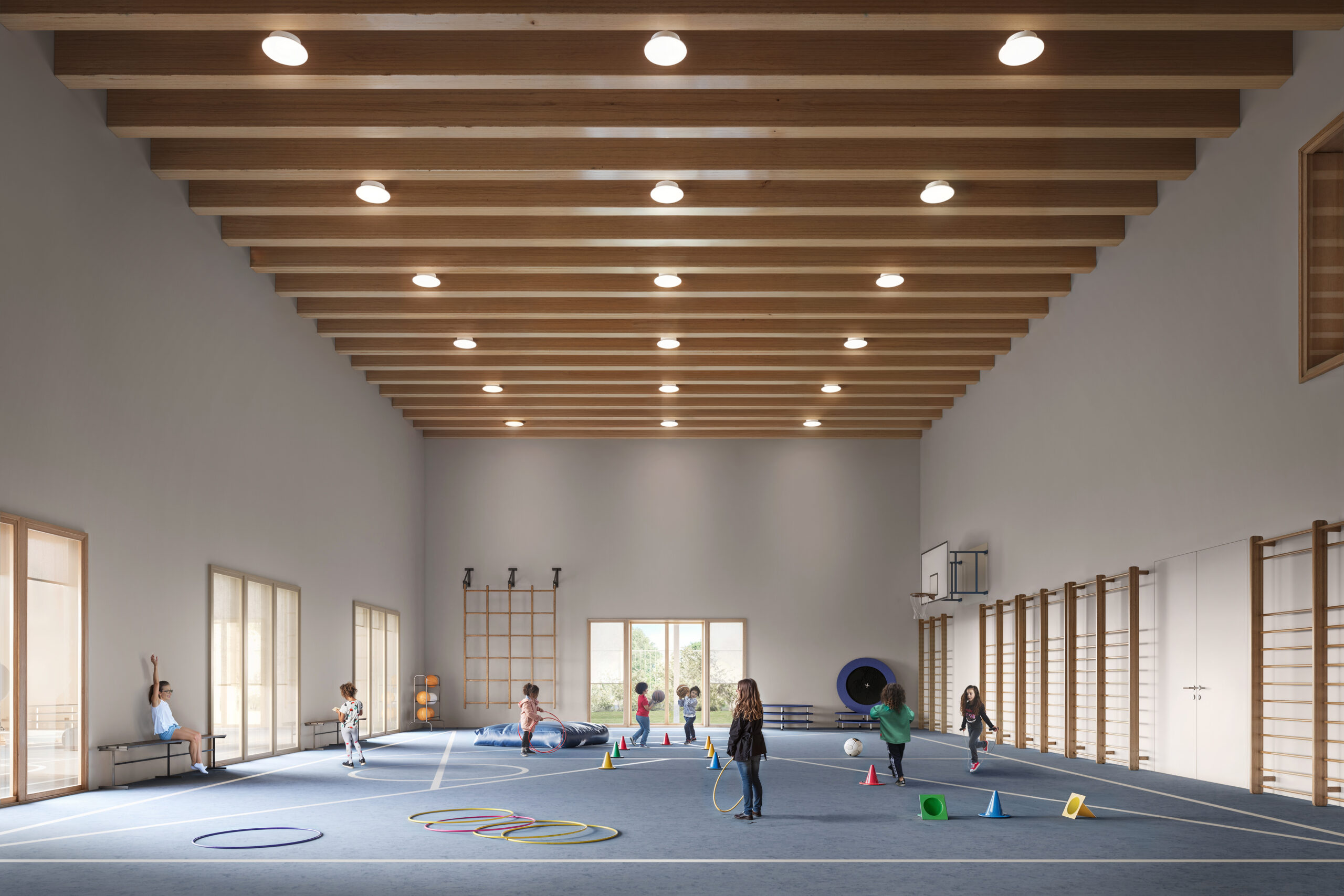 render fotorealistico 3d di interni architettura con palestra scolastica contemporanea e struttura in legno concorso primo premio pnrr bergamo italia architetto arpostudio