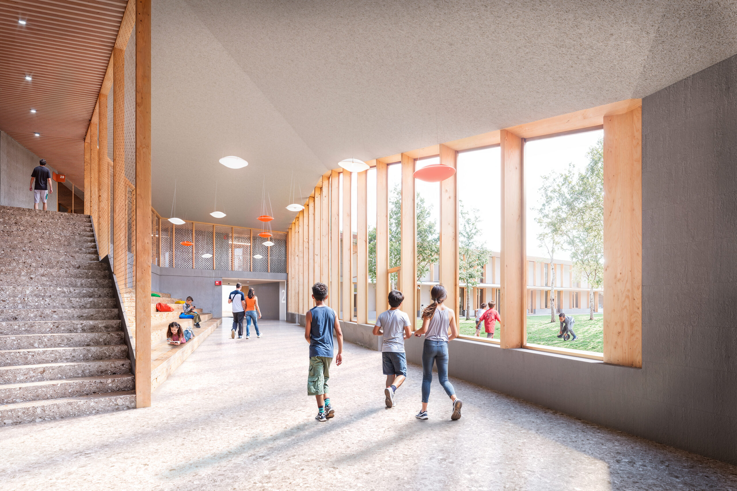 render fotorealistico 3d di interni architettura con corridoio di scuola primaria in legno e grandi vetrate sul giardino gorlago bergamo italia architetto arpostudio