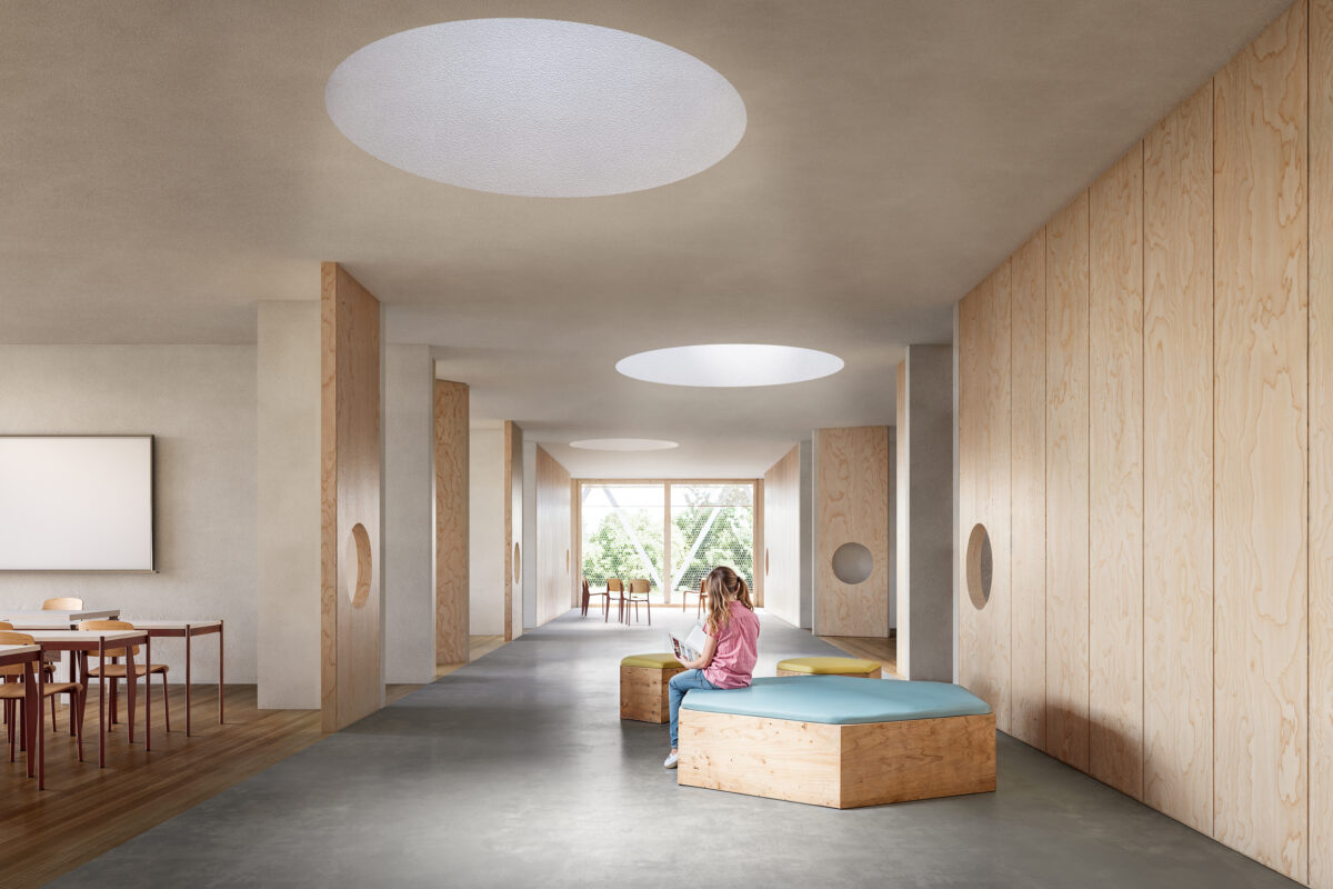 render fotorealistico 3d di interni architettura con spazi comuni di scuola primaria e arredi in legno naturale concorso primo premio pnrr bergamo italia architetto arpostudio