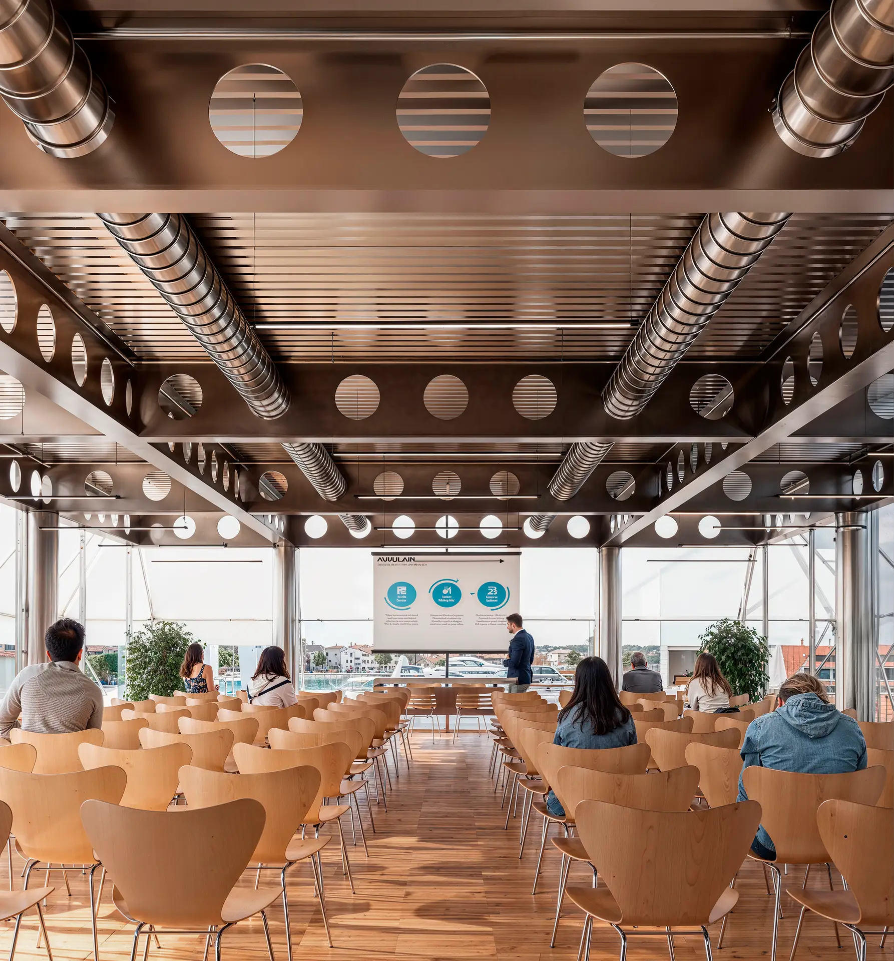 render fotorealistico 3d interni architettura sala conferenze design industriale con travi in acciaio concorso ravenna italia architetto arpostudio