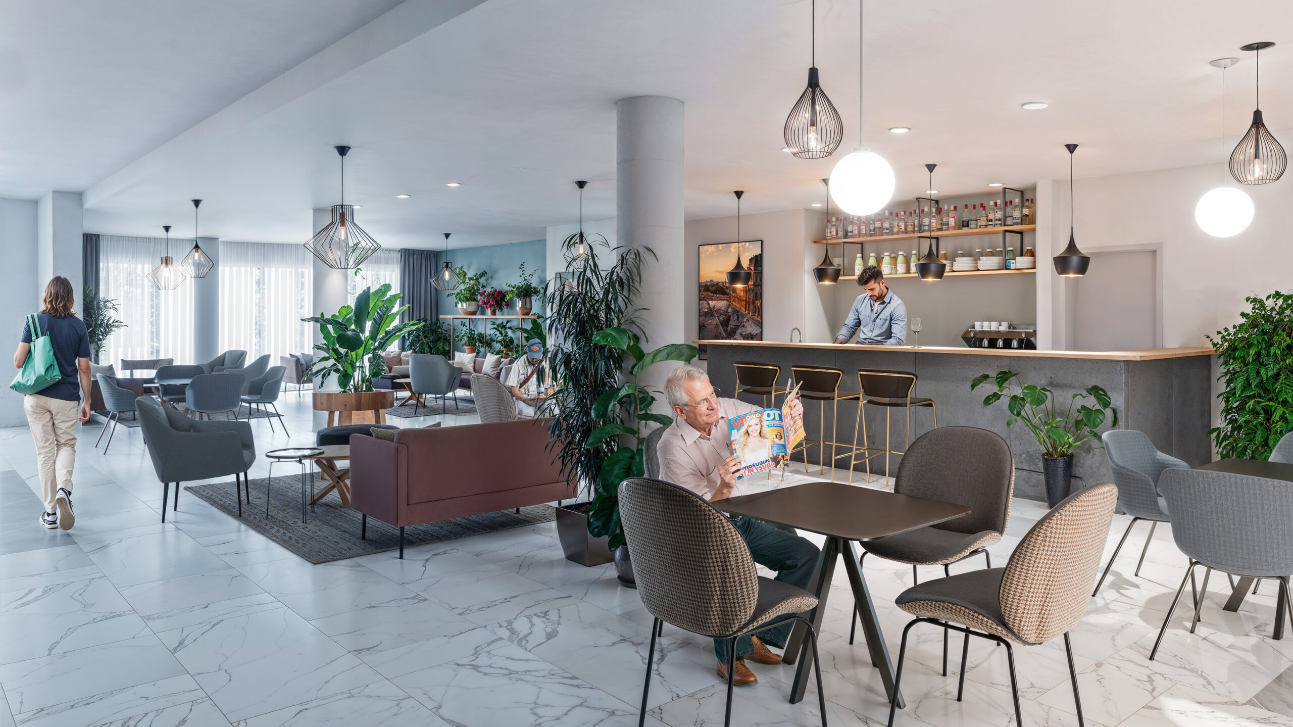 render fotorealistico di lounge bar e area relax in residenza senior moderna con spazi comuni arredati rsa nuova generazione milano italia dxp architetti