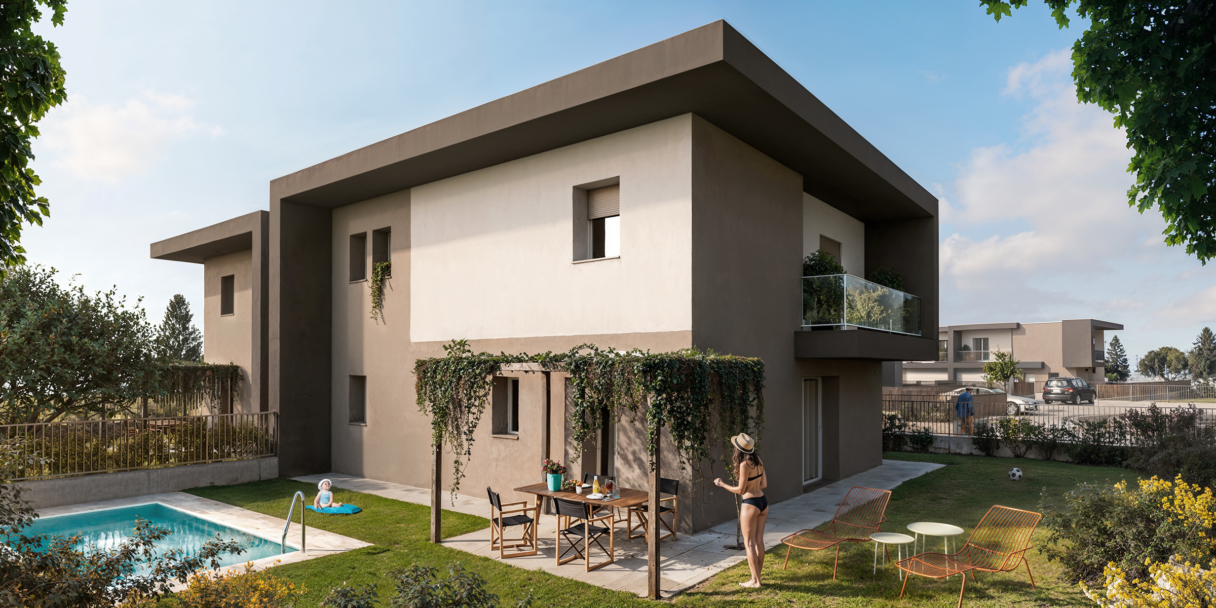 render fotorealistico di villetta moderna con piscina e giardino privato in contesto residenziale ghisalba bergamo italia architetto arpostudio