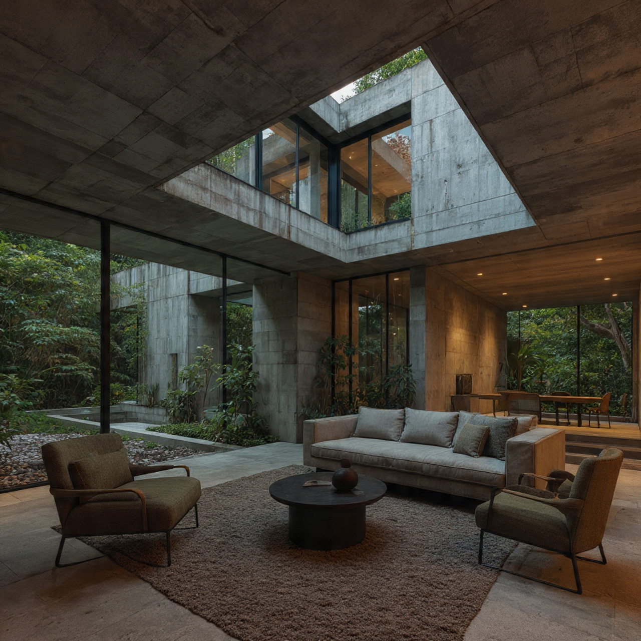 digital art ai soggiorno brutalista con cemento a vista, ampie vetrate e giardino interno