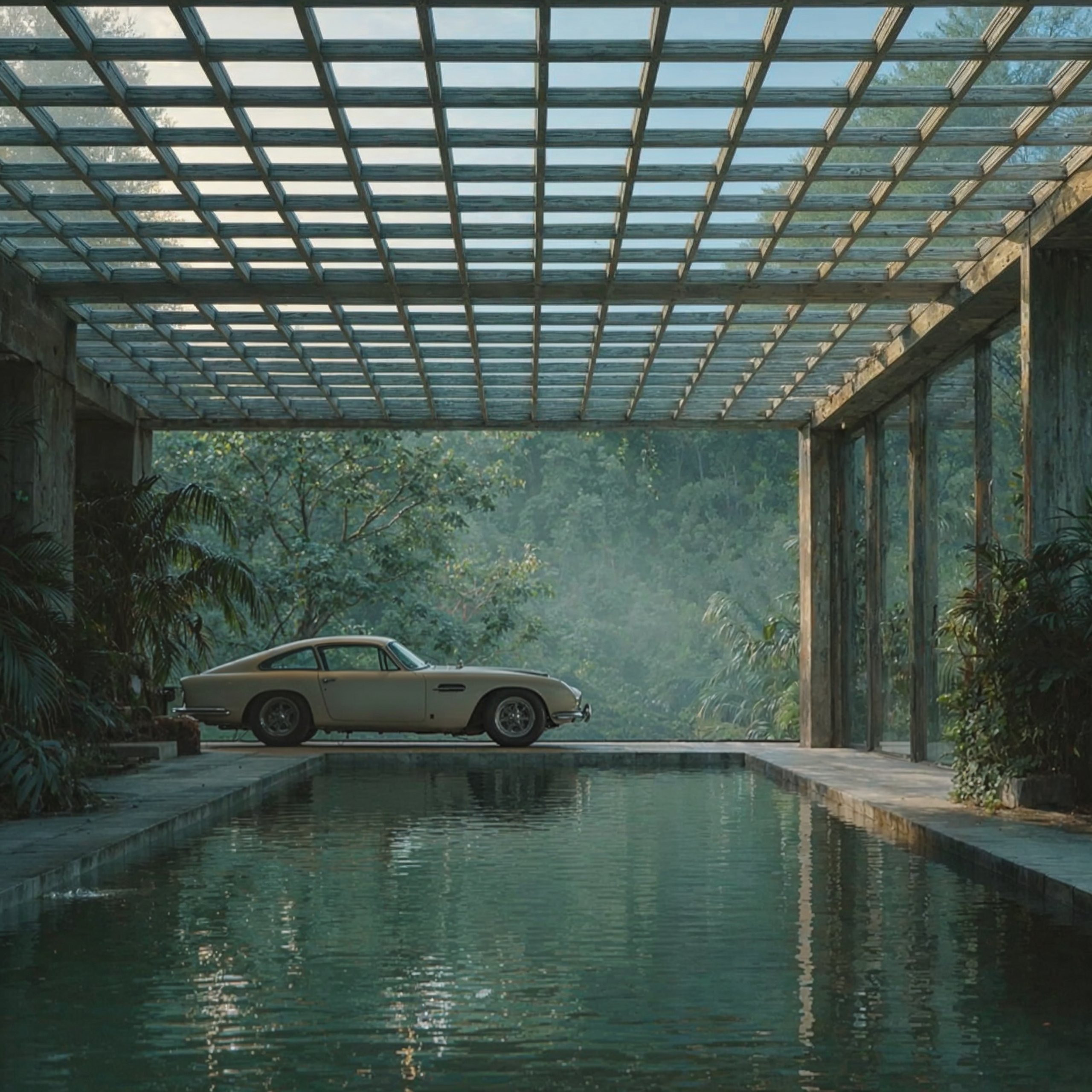 digital art ai di villa brutalista con piscina interna, tetto vetrato e auto sportiva classica immersa nella vegetazione