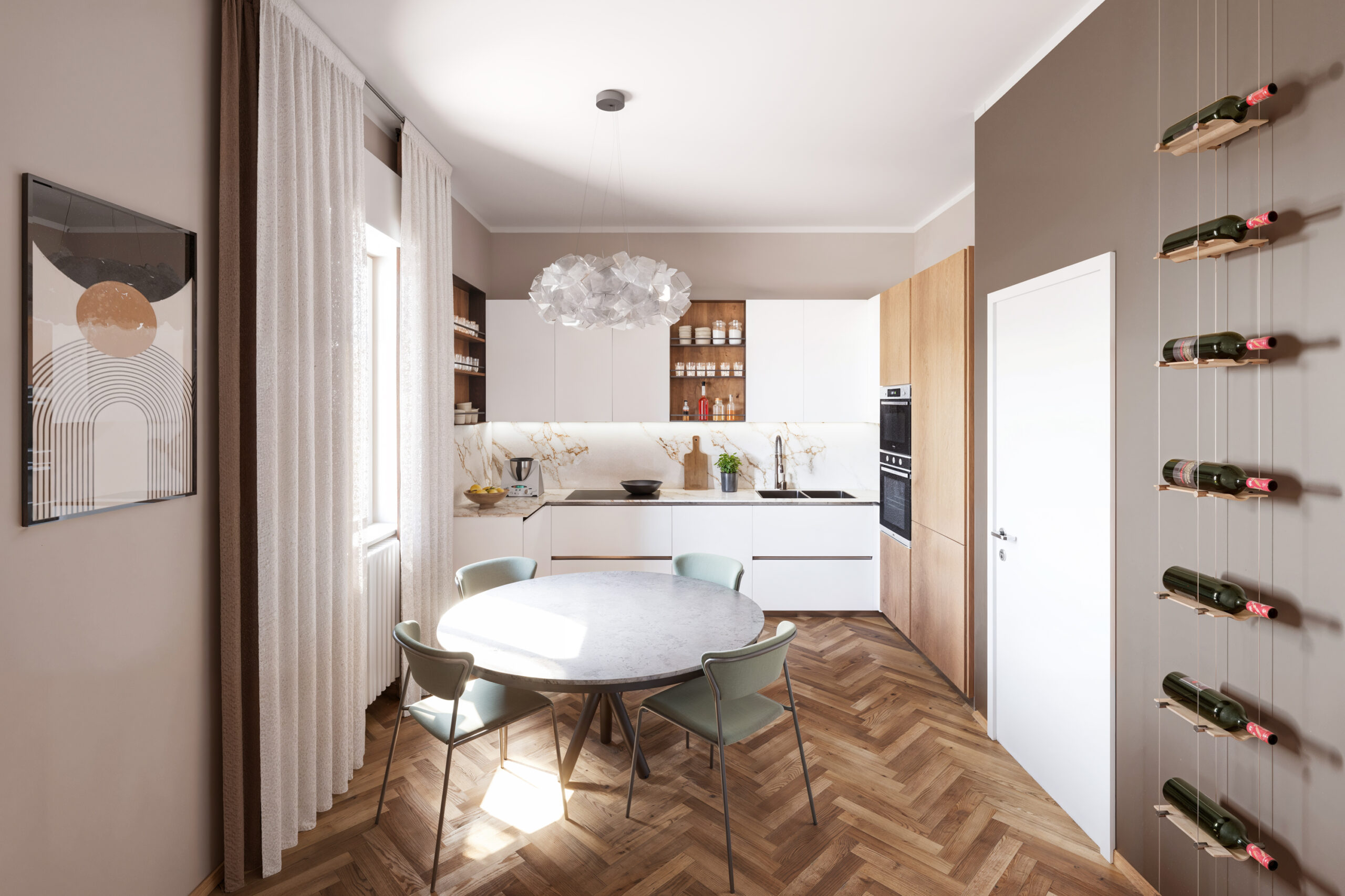 render fotorealistico 3d di interni architettura cucine contemporanea e arredi in legno naturale e gres brescia italia duomo immobiliare